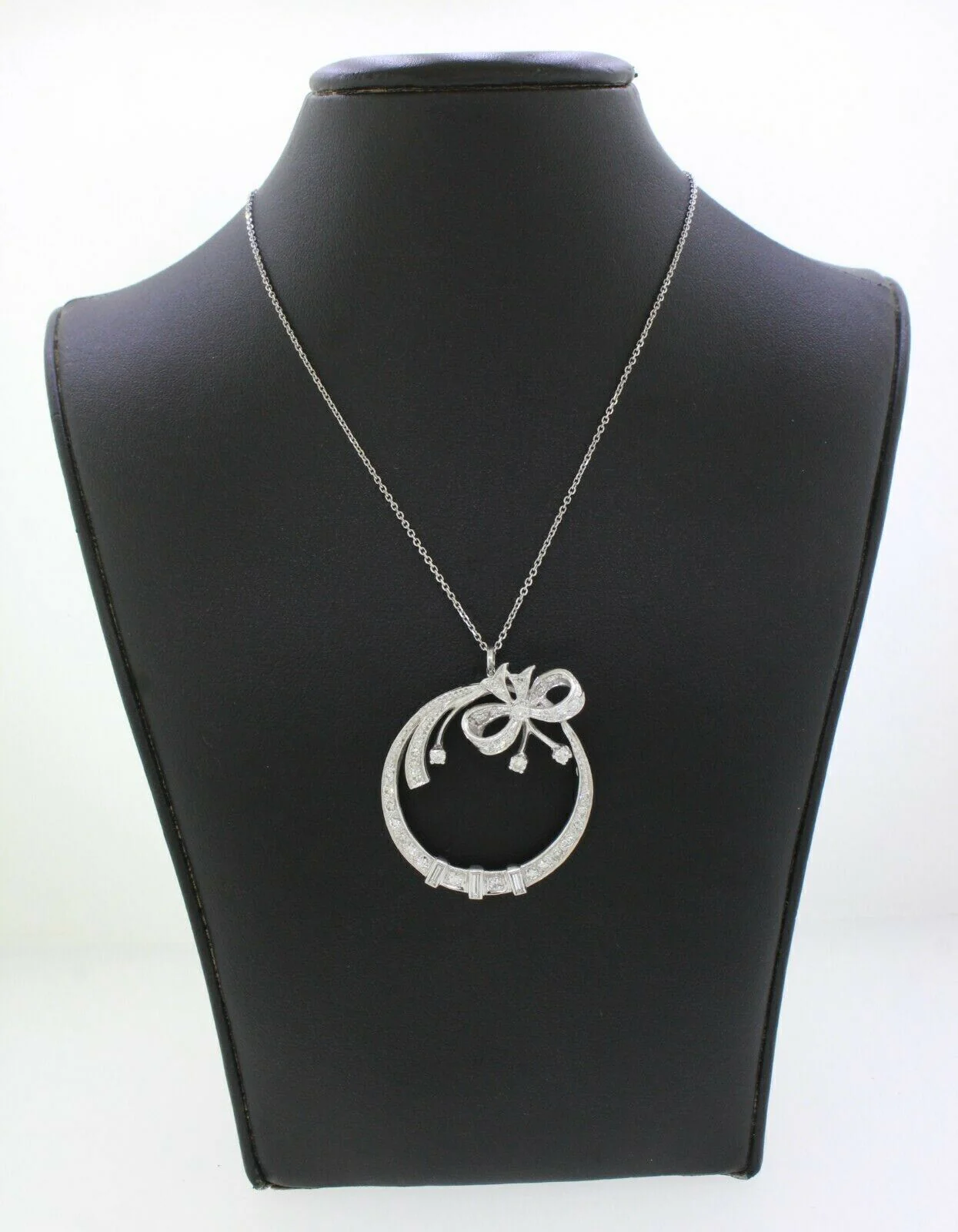 Vintage 2ctw Diamond Circle Ribbon Pendant - 14k White Gold - 16" Necklace - Image 6