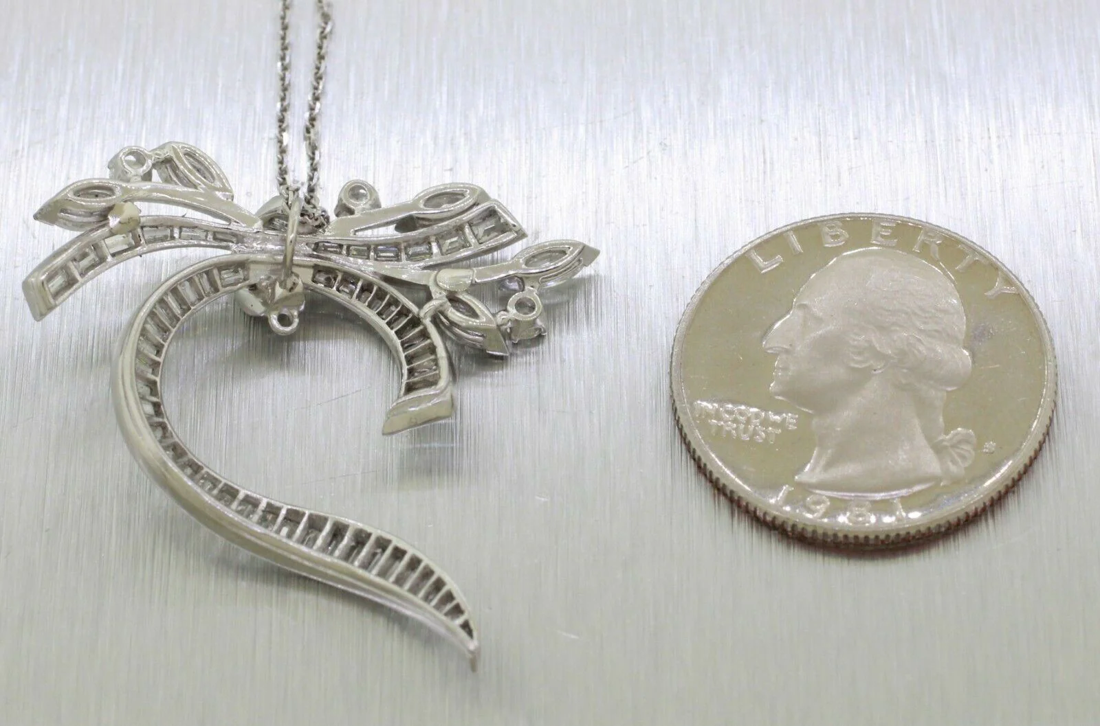Vintage 3ctw Diamond Swirl Leaf Pendant - 16" Necklace - 14k White Gold - Image 3