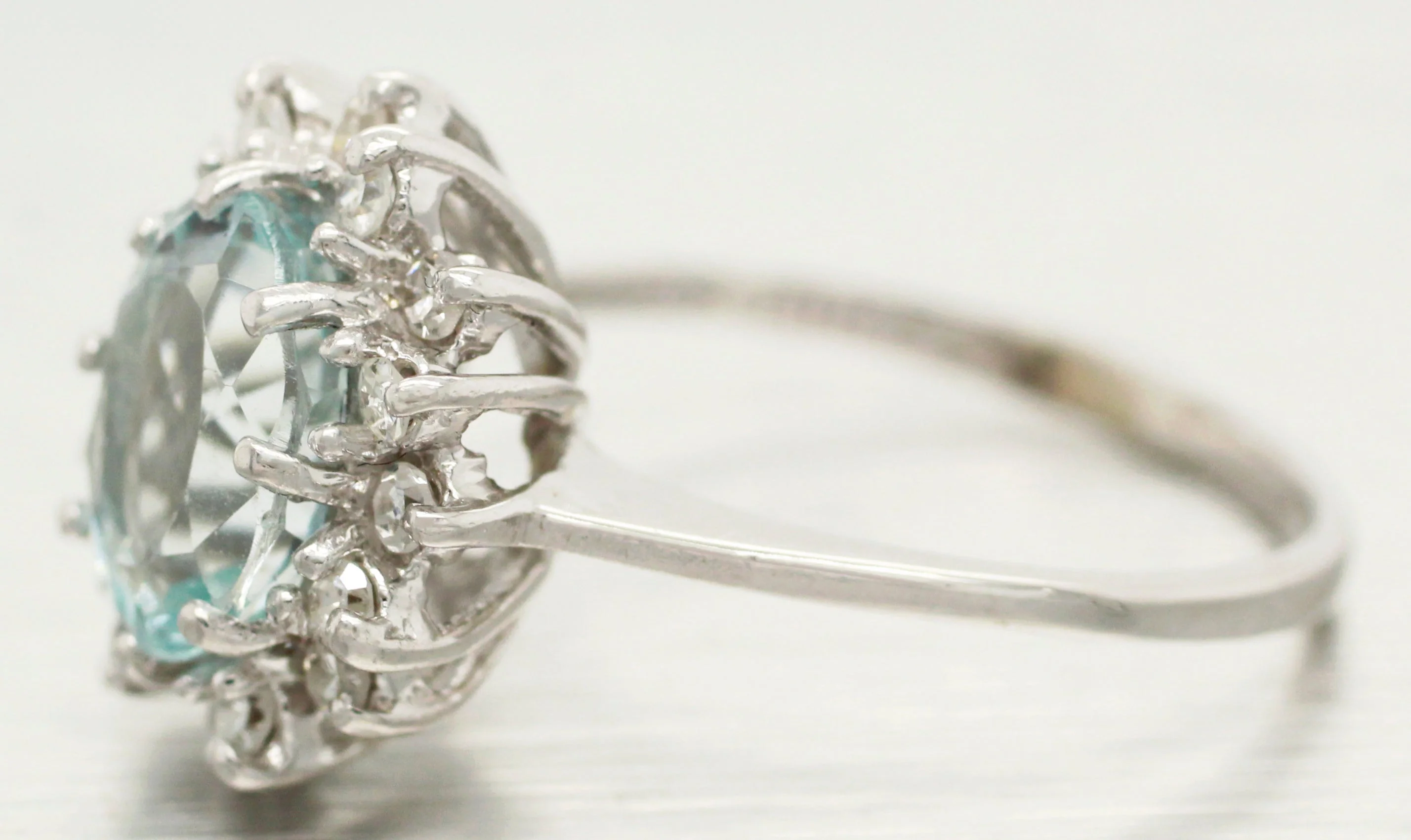 Vintage Aquamarine & Diamond Halo Cocktail Ring - 14k White Gold - Size 7.25 - Image 3