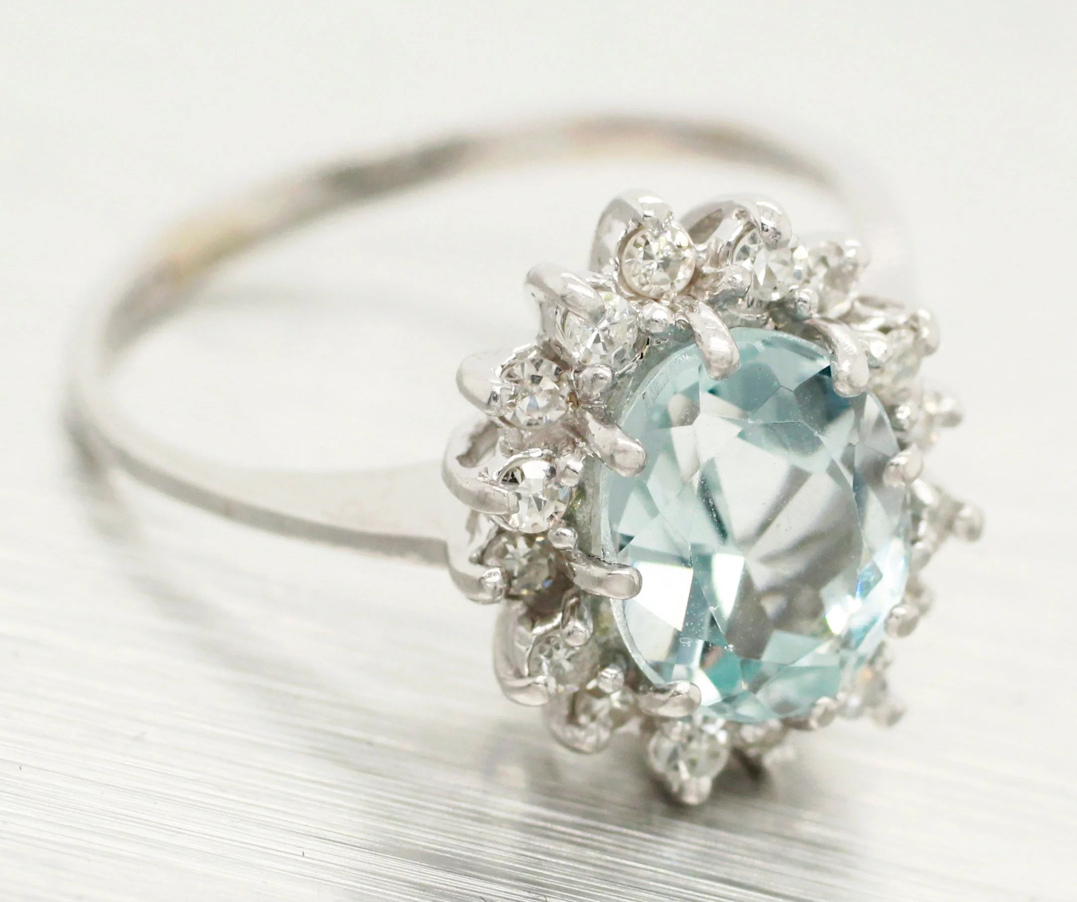 Vintage Aquamarine & Diamond Halo Cocktail Ring - 14k White Gold - Size 7.25 - Image 4