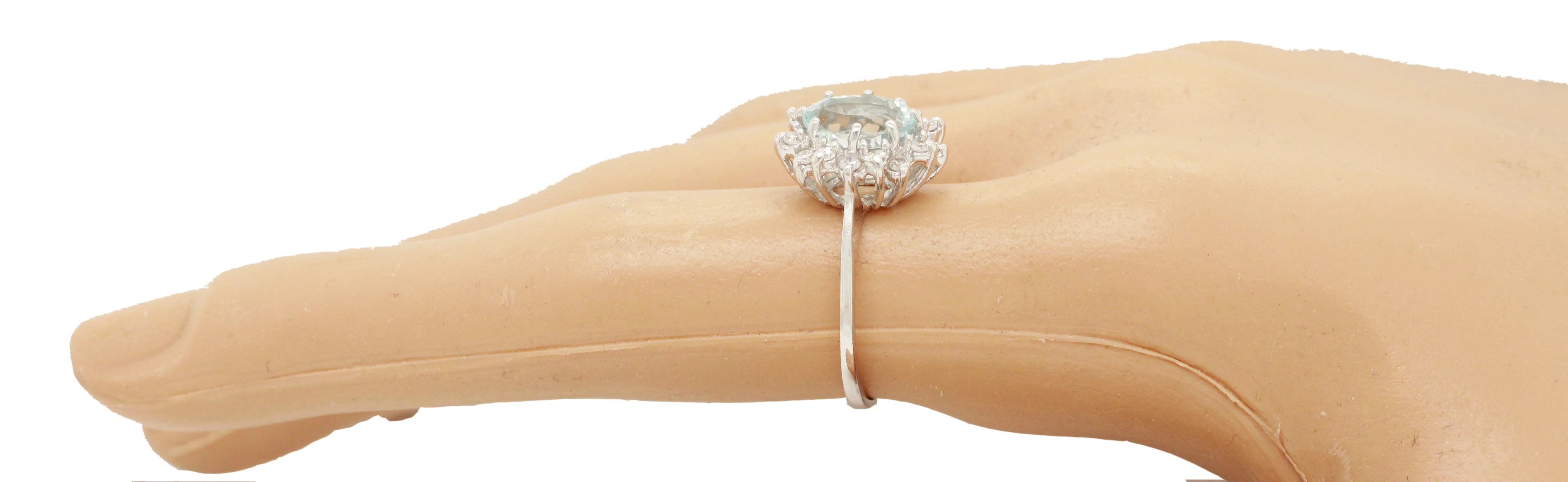 Vintage Aquamarine & Diamond Halo Cocktail Ring - 14k White Gold - Size 7.25 - Image 7