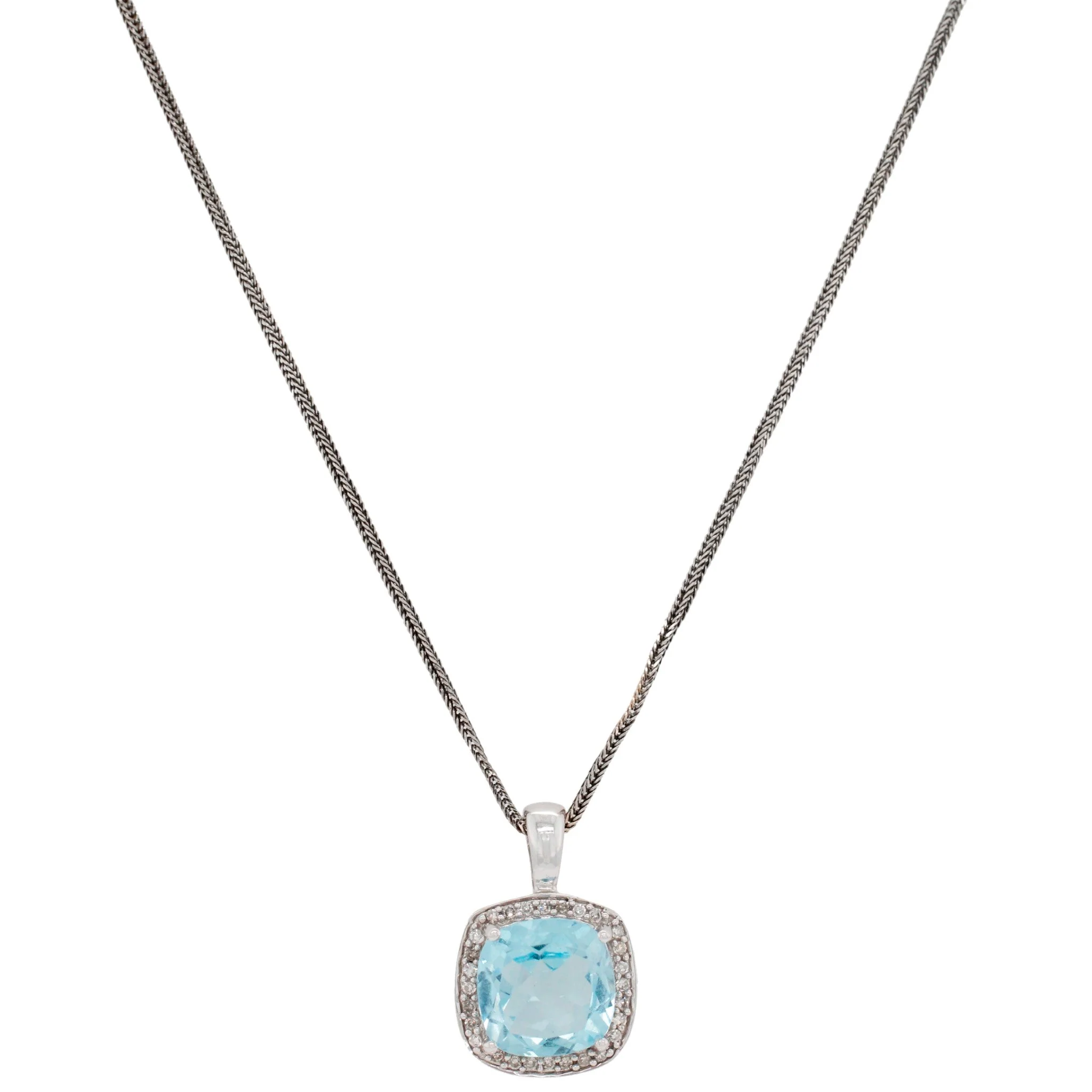 Vintage Aquamarine & Diamond Halo Square Pendant - 14k White Gold Necklace - 20"