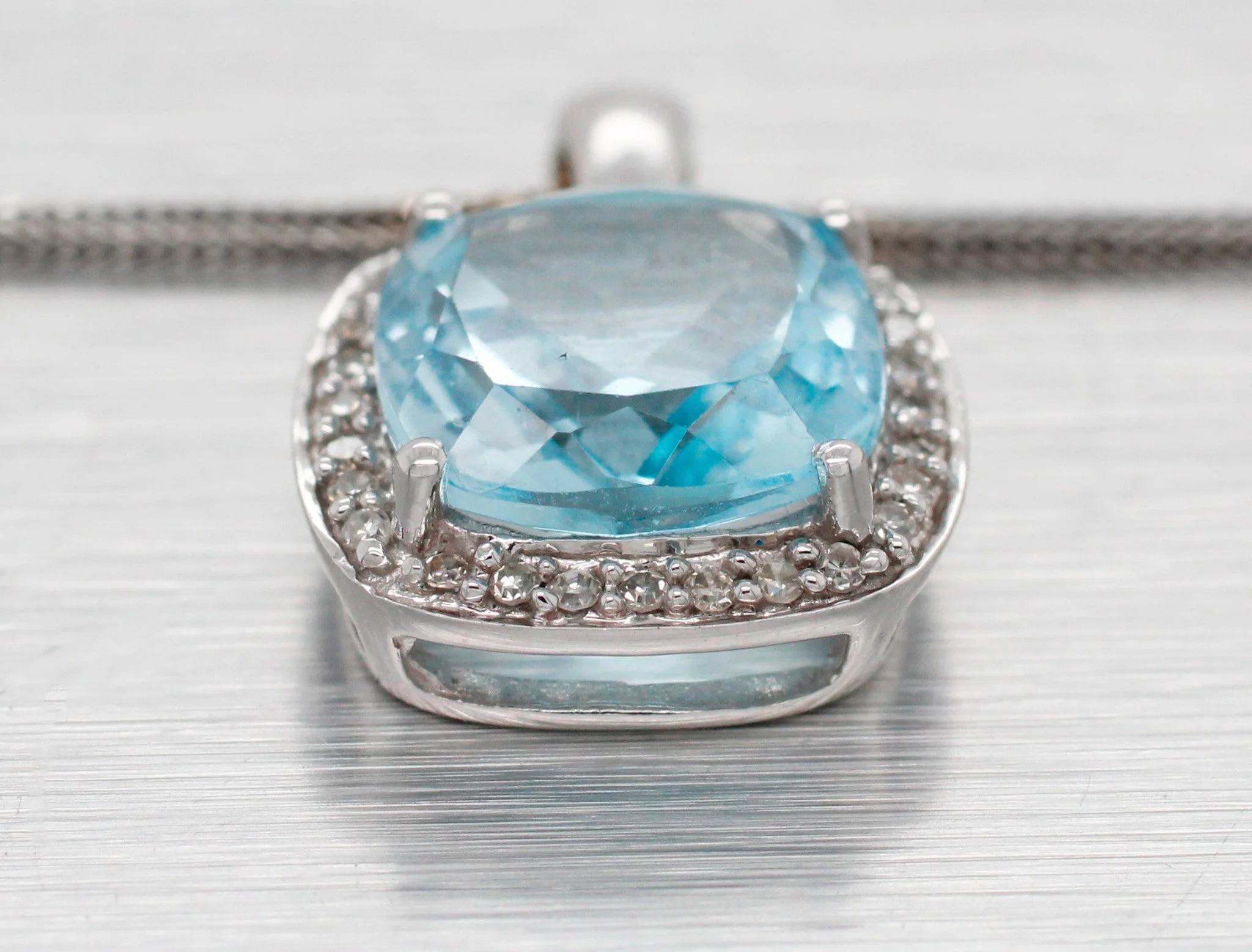 Vintage Aquamarine & Diamond Halo Square Pendant - 14k White Gold Necklace - 20" - Image 3