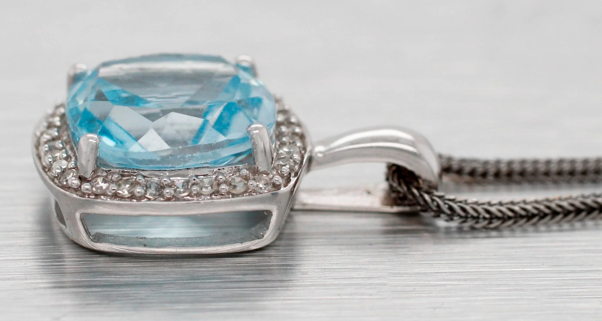Vintage Aquamarine & Diamond Halo Square Pendant - 14k White Gold Necklace - 20" - Image 6