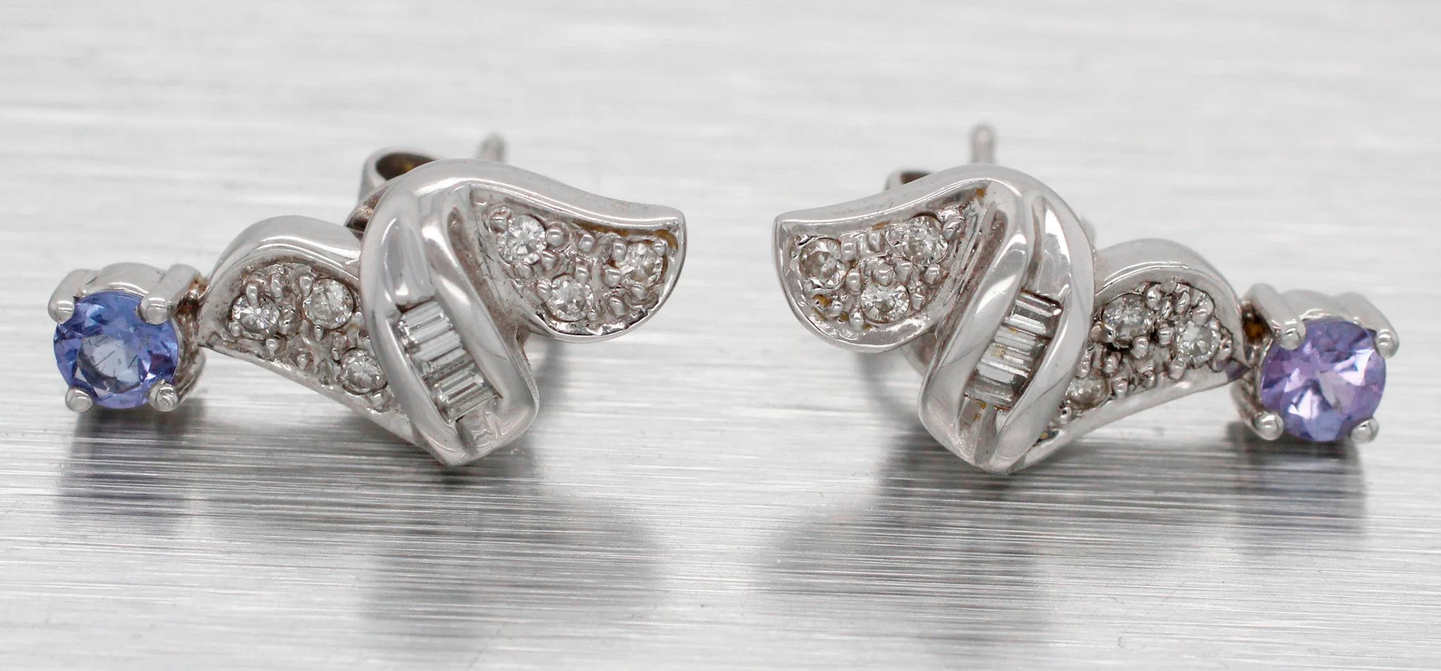 Vintage Blue Tanzanite Swirled Stud Earrings w/ Diamond Accents - 14k White Gold - Image 2