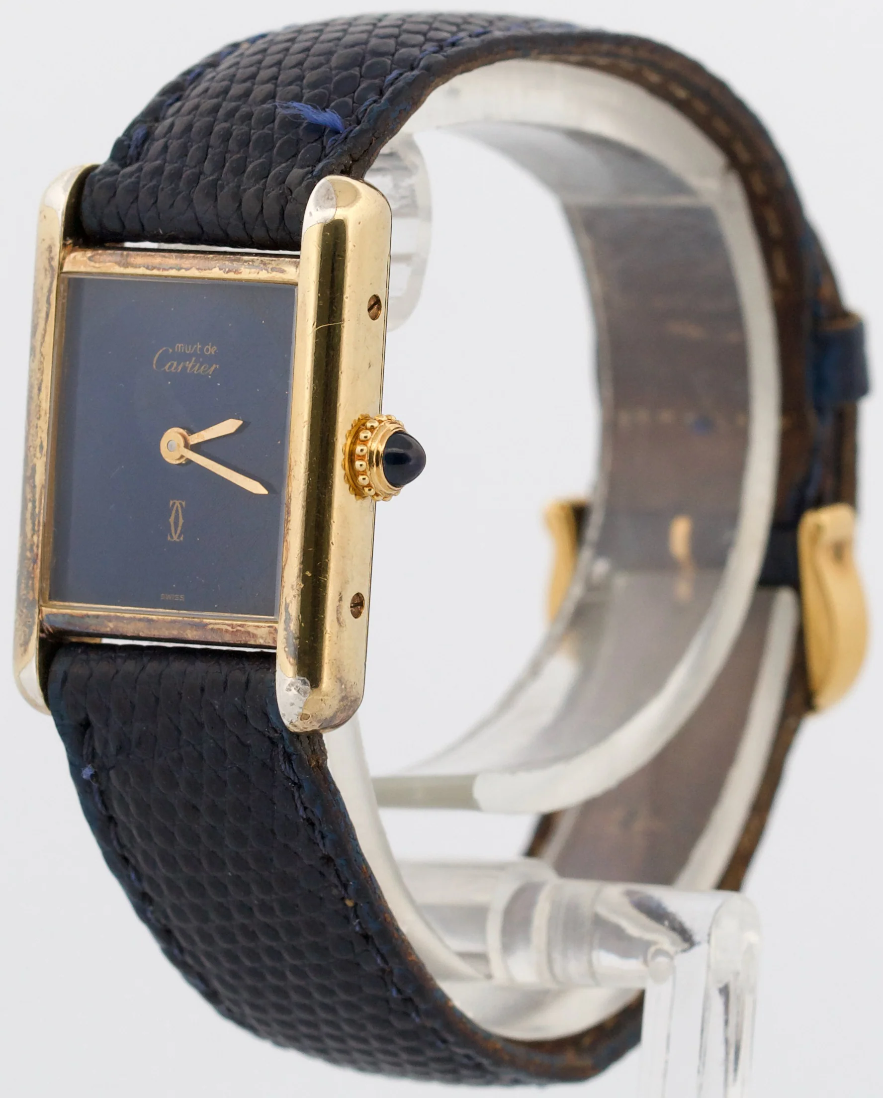 VINTAGE Cartier Tank Argent 925 Sterling Vermeil Gold BLUE MYSTERY DIAL 21mm - Image 3