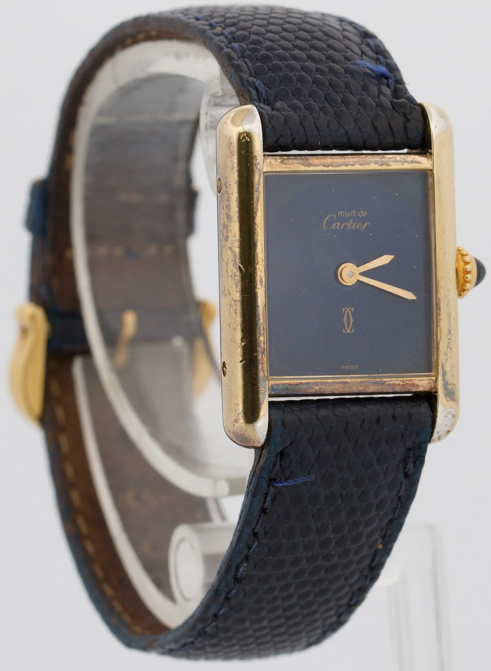 VINTAGE Cartier Tank Argent 925 Sterling Vermeil Gold BLUE MYSTERY DIAL 21mm - Image 4