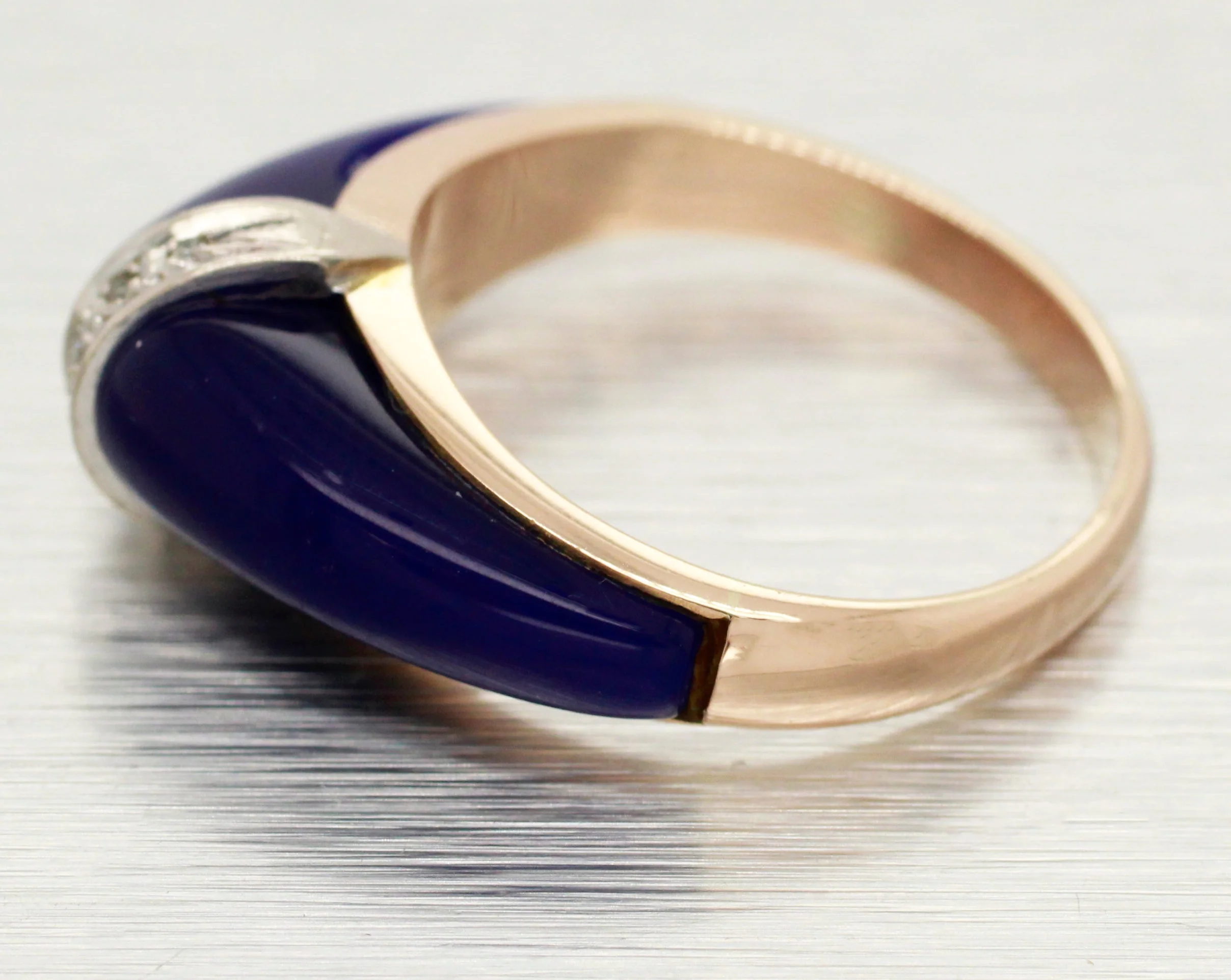 Vintage Blue Lapis Lazuli and Diamond Band Ring - 14k Yellow Gold - Size 6.25 - Image 2