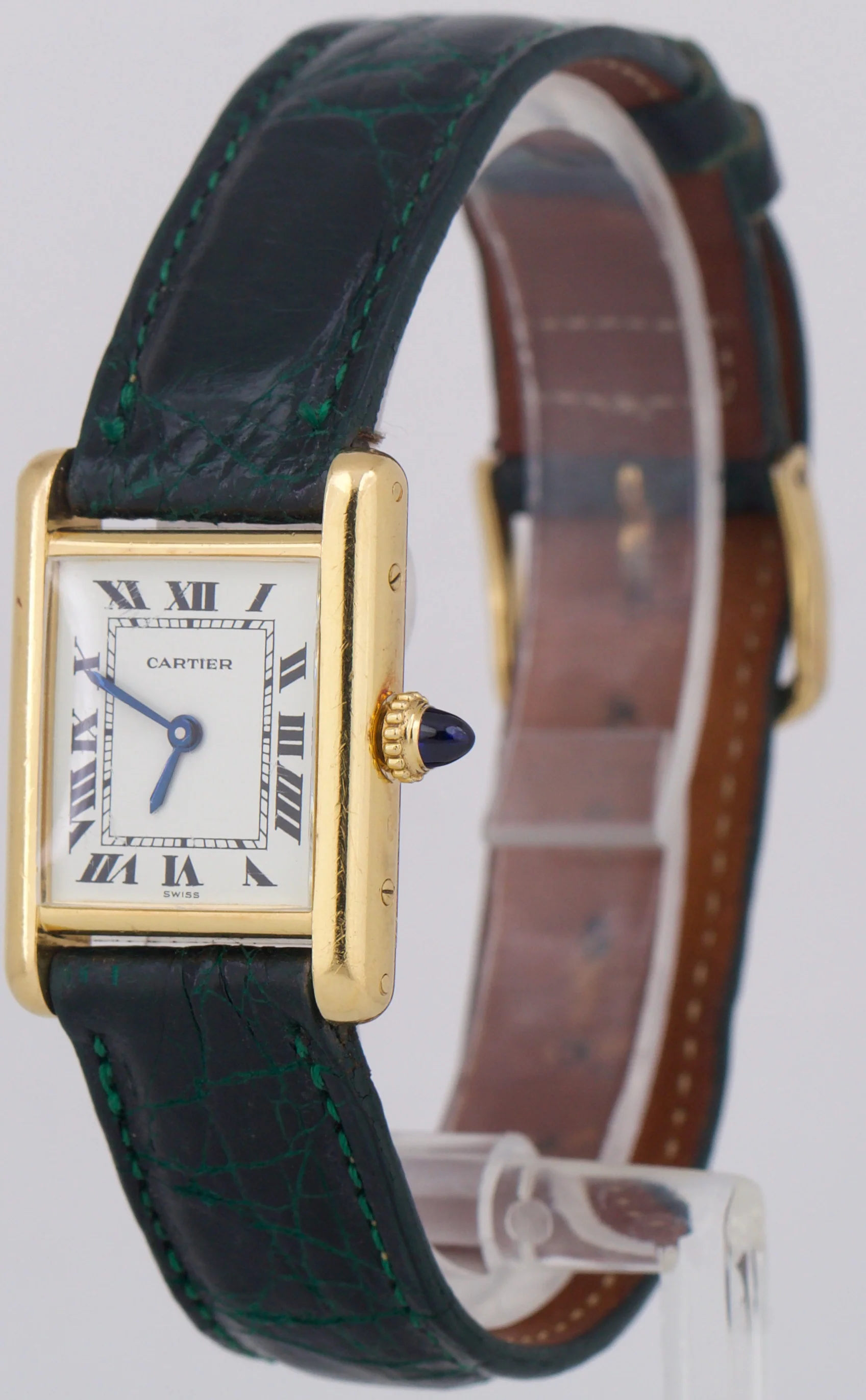 VINTAGE Ladies Cartier Tank Louis 18k Gold Green Leather 78087 21mm Manual Watch - Image 3