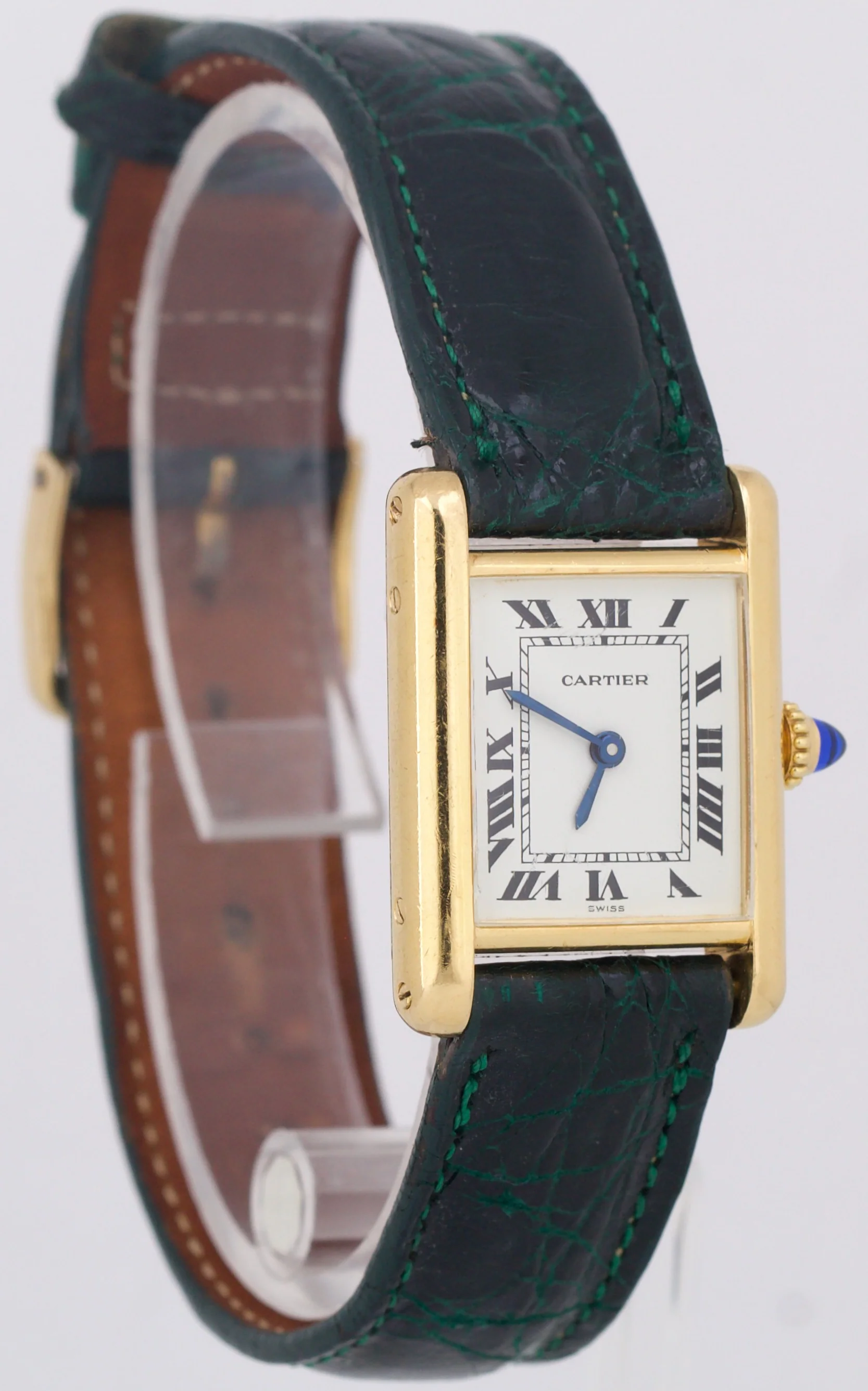 VINTAGE Ladies Cartier Tank Louis 18k Gold Green Leather 78087 21mm Manual Watch - Image 4