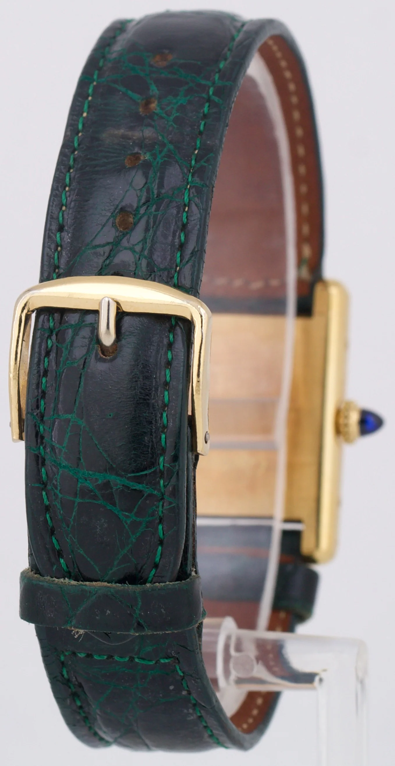 VINTAGE Ladies Cartier Tank Louis 18k Gold Green Leather 78087 21mm Manual Watch - Image 6