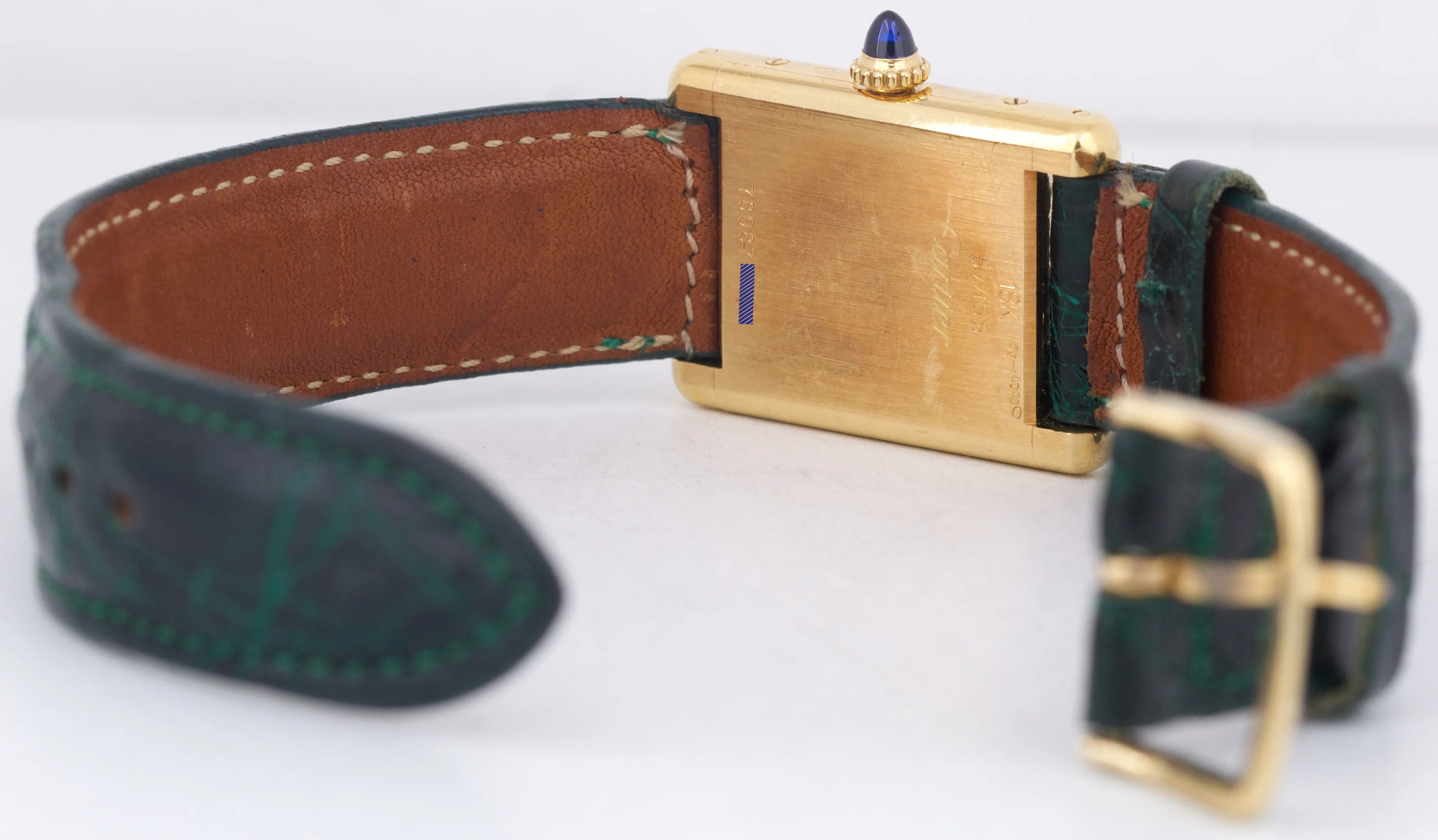 VINTAGE Ladies Cartier Tank Louis 18k Gold Green Leather 78087 21mm Manual Watch - Image 7