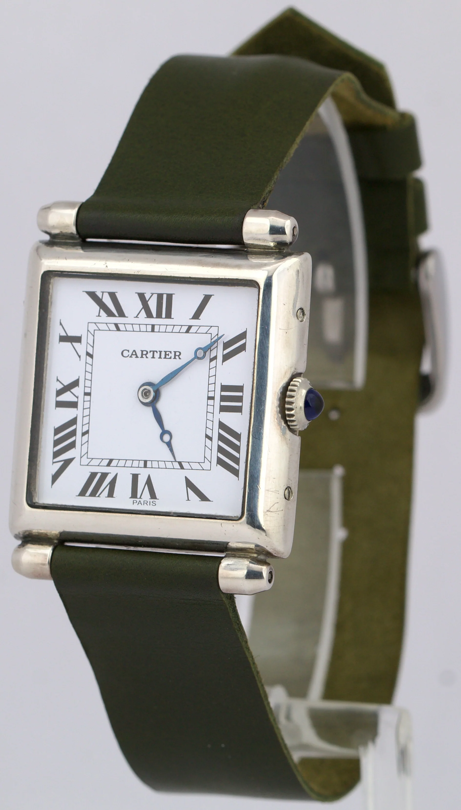 VINTAGE Cartier Tank Obus Sterling Silver Green Leather 25mm Manual Watch - Image 3