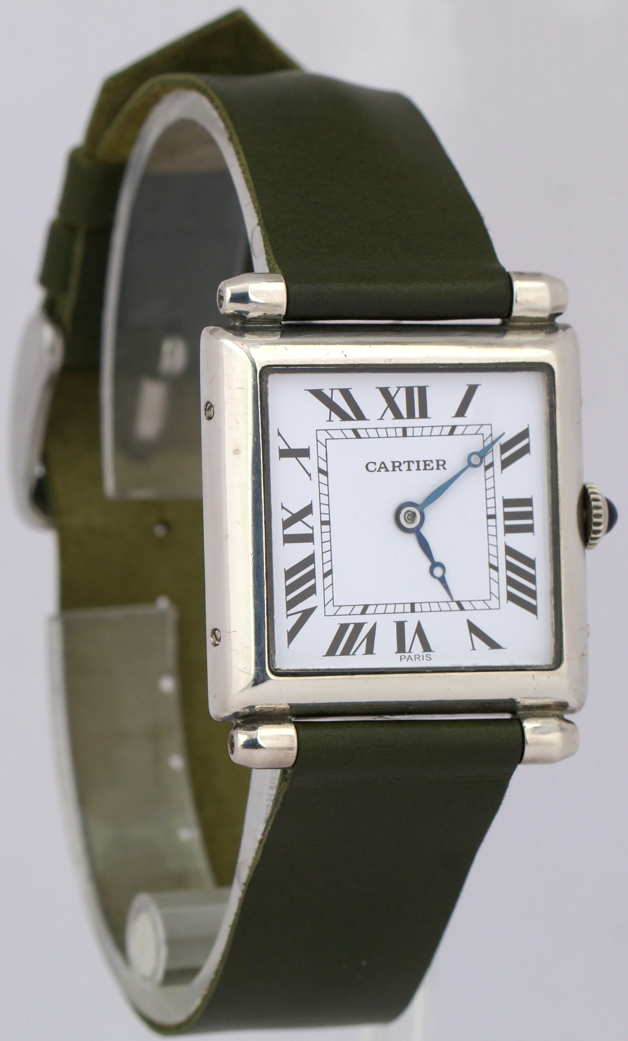 VINTAGE Cartier Tank Obus Sterling Silver Green Leather 25mm Manual Watch - Image 4