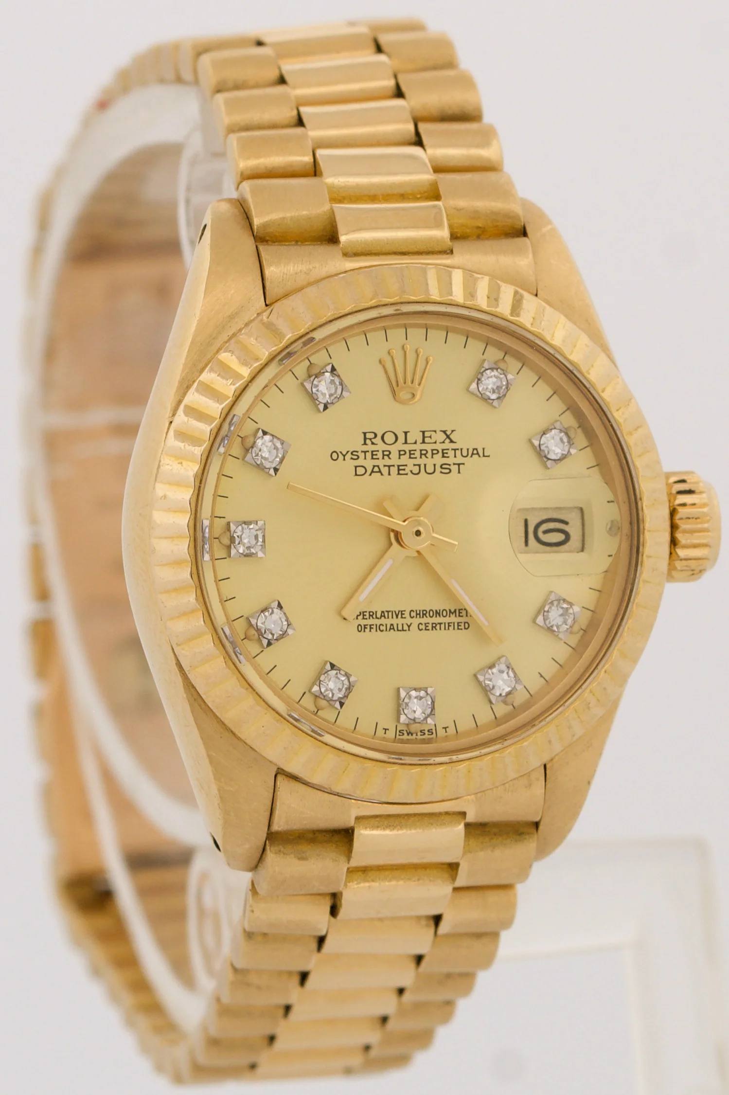 VINTAGE Ladies Rolex DateJust President 26mm CHAMPAGNE DIAMOND 18K Gold 6917 - Image 4