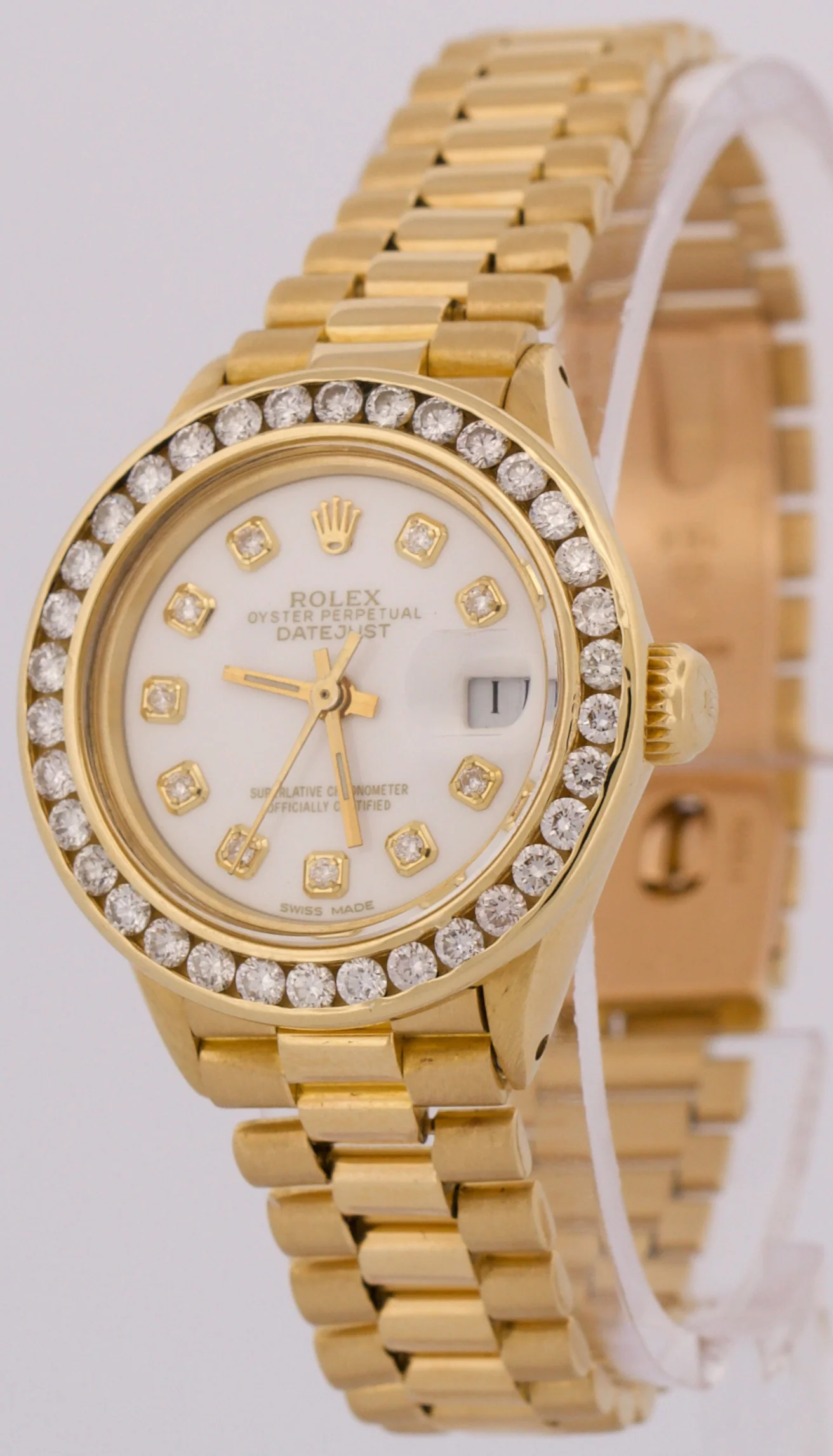 VINTAGE Ladies Rolex DateJust President 26mm WHITE DIAMOND 18K Gold 6917 Watch - Image 3