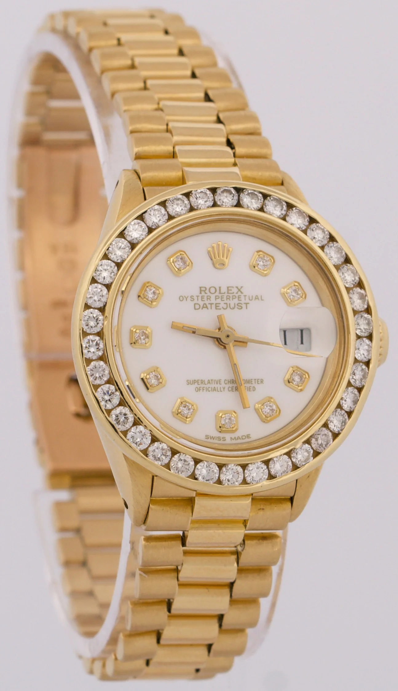 VINTAGE Ladies Rolex DateJust President 26mm WHITE DIAMOND 18K Gold 6917 Watch - Image 4