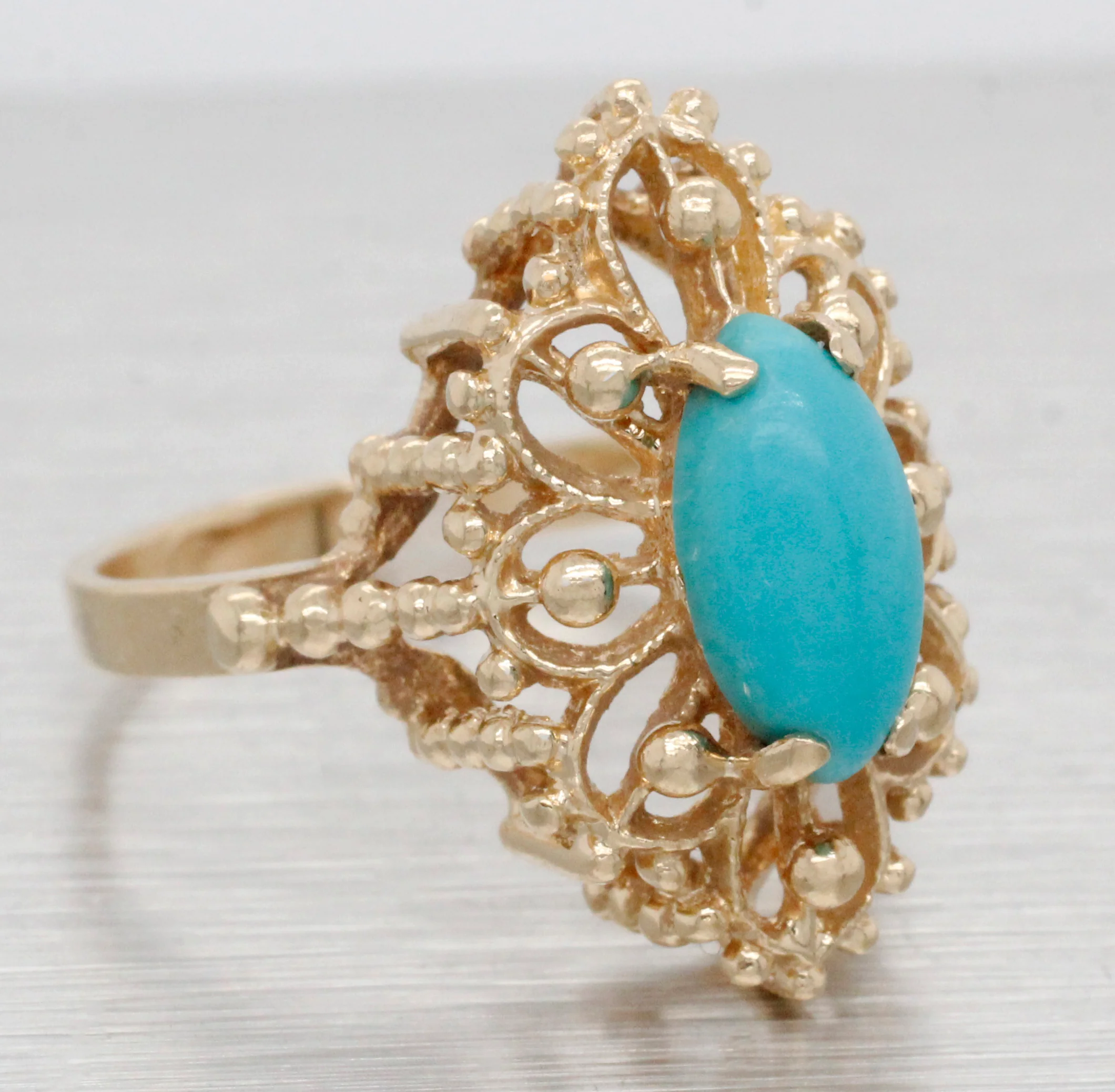 Vintage Marquise Cabochon Turquoise Cocktail Ring - 14k Yellow Gold - Size 5.75 - Image 2