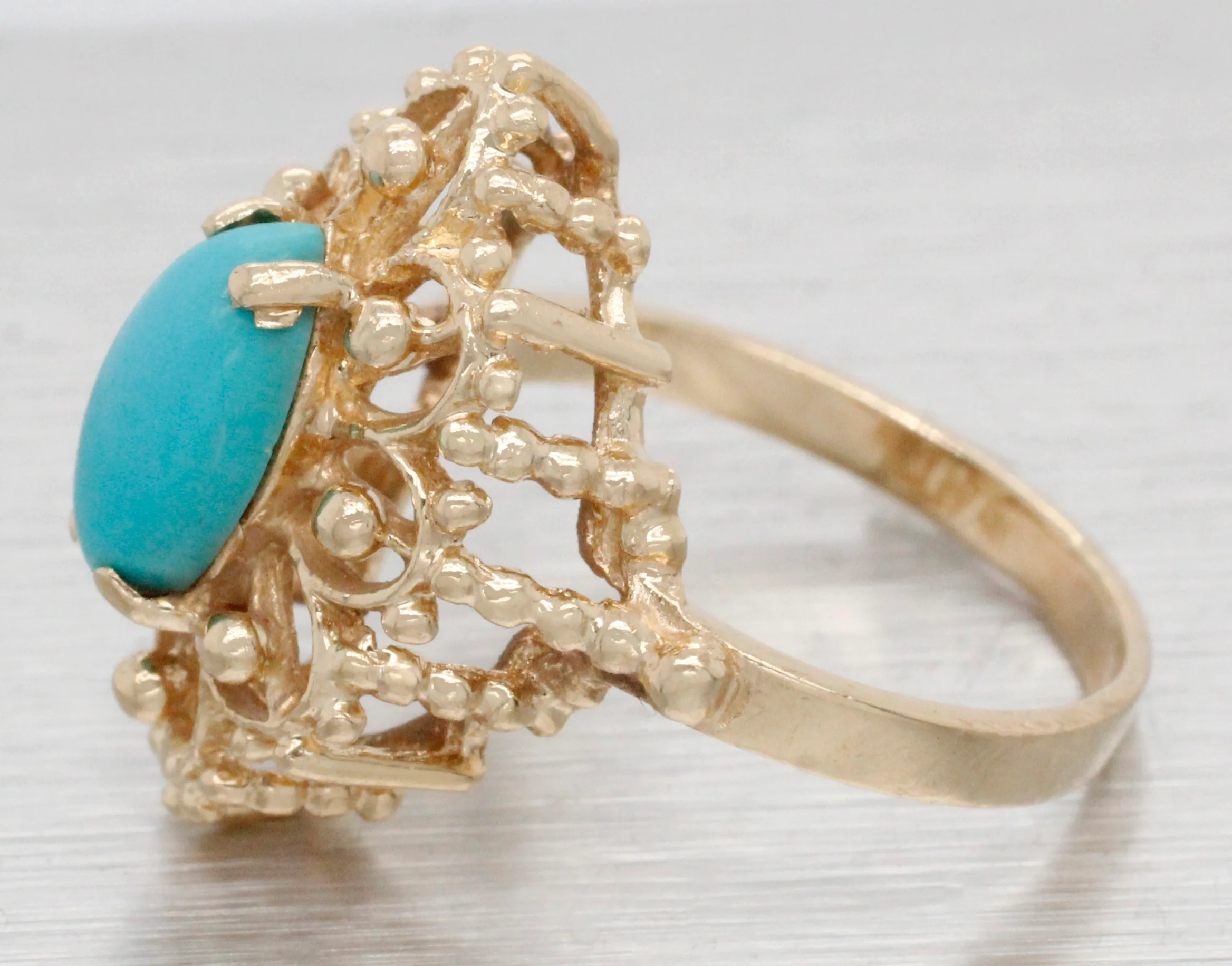 Vintage Marquise Cabochon Turquoise Cocktail Ring - 14k Yellow Gold - Size 5.75 - Image 3