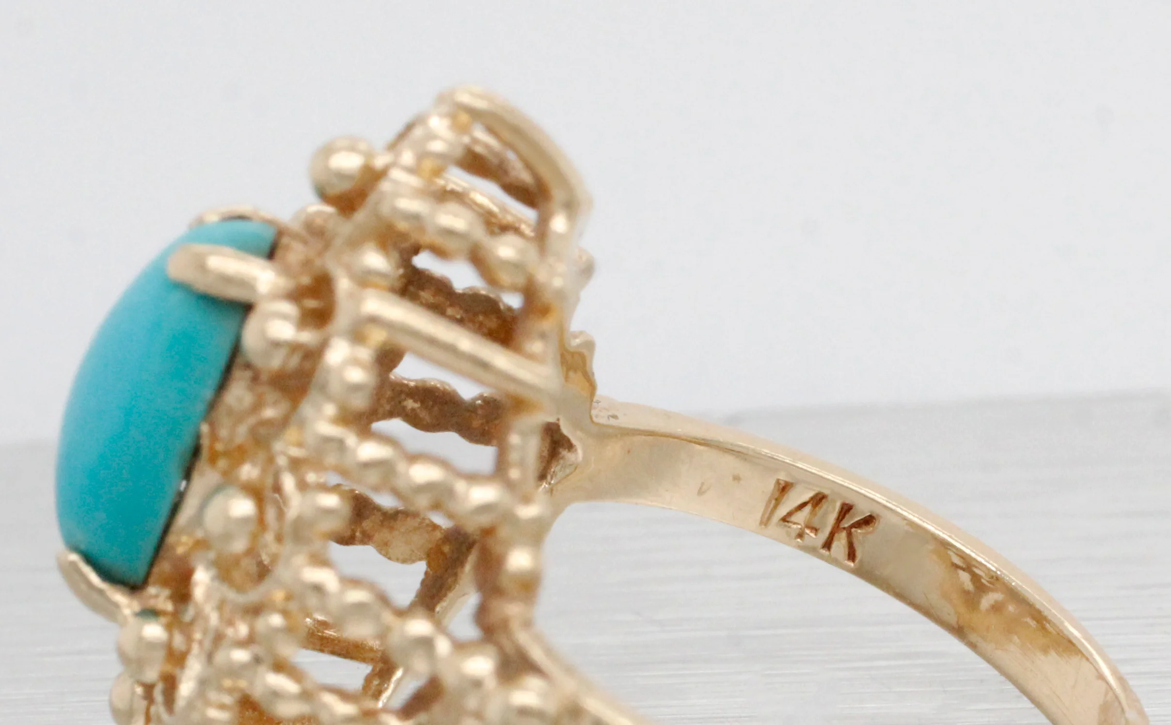 Vintage Marquise Cabochon Turquoise Cocktail Ring - 14k Yellow Gold - Size 5.75 - Image 4