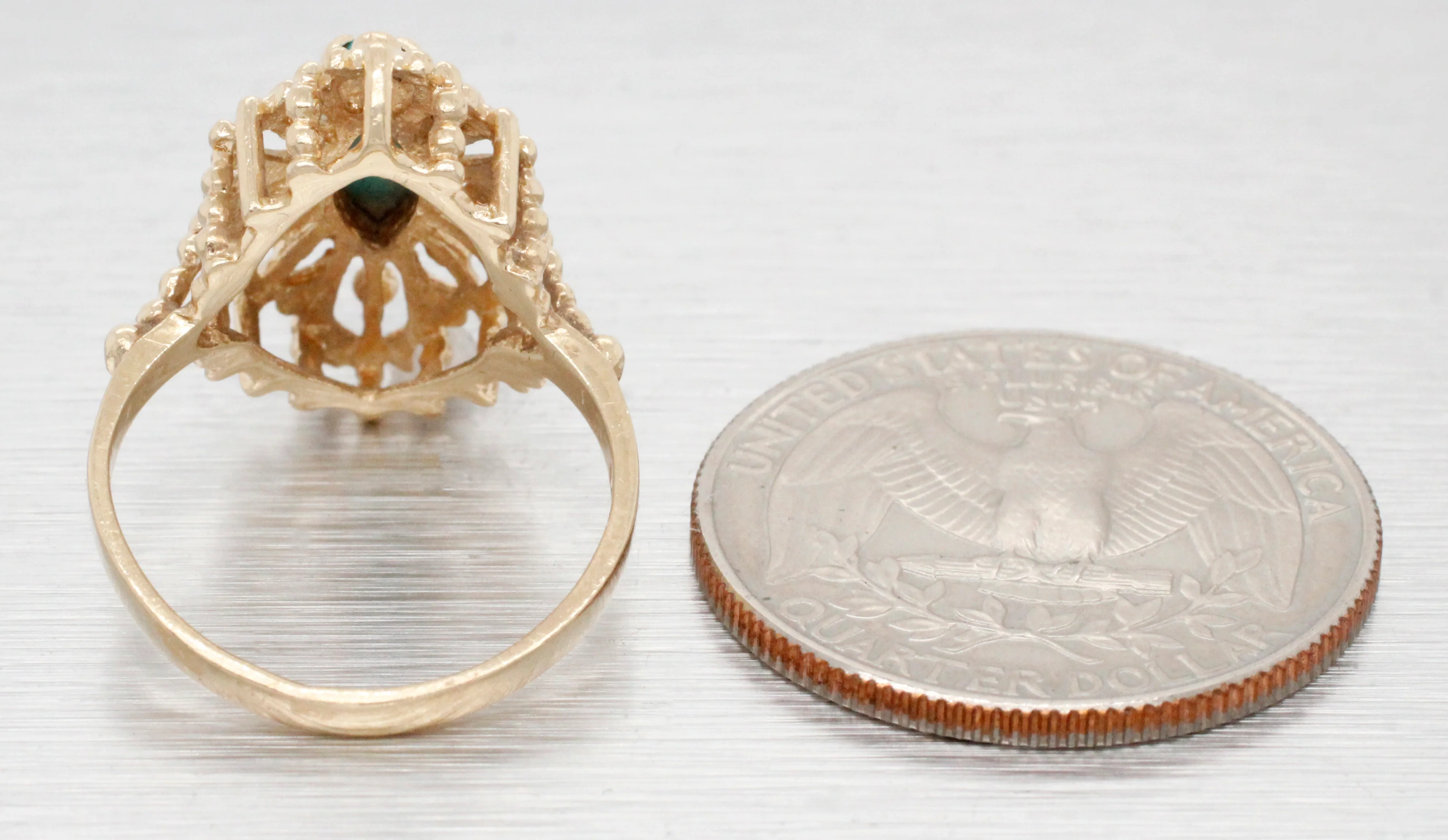 Vintage Marquise Cabochon Turquoise Cocktail Ring - 14k Yellow Gold - Size 5.75 - Image 7