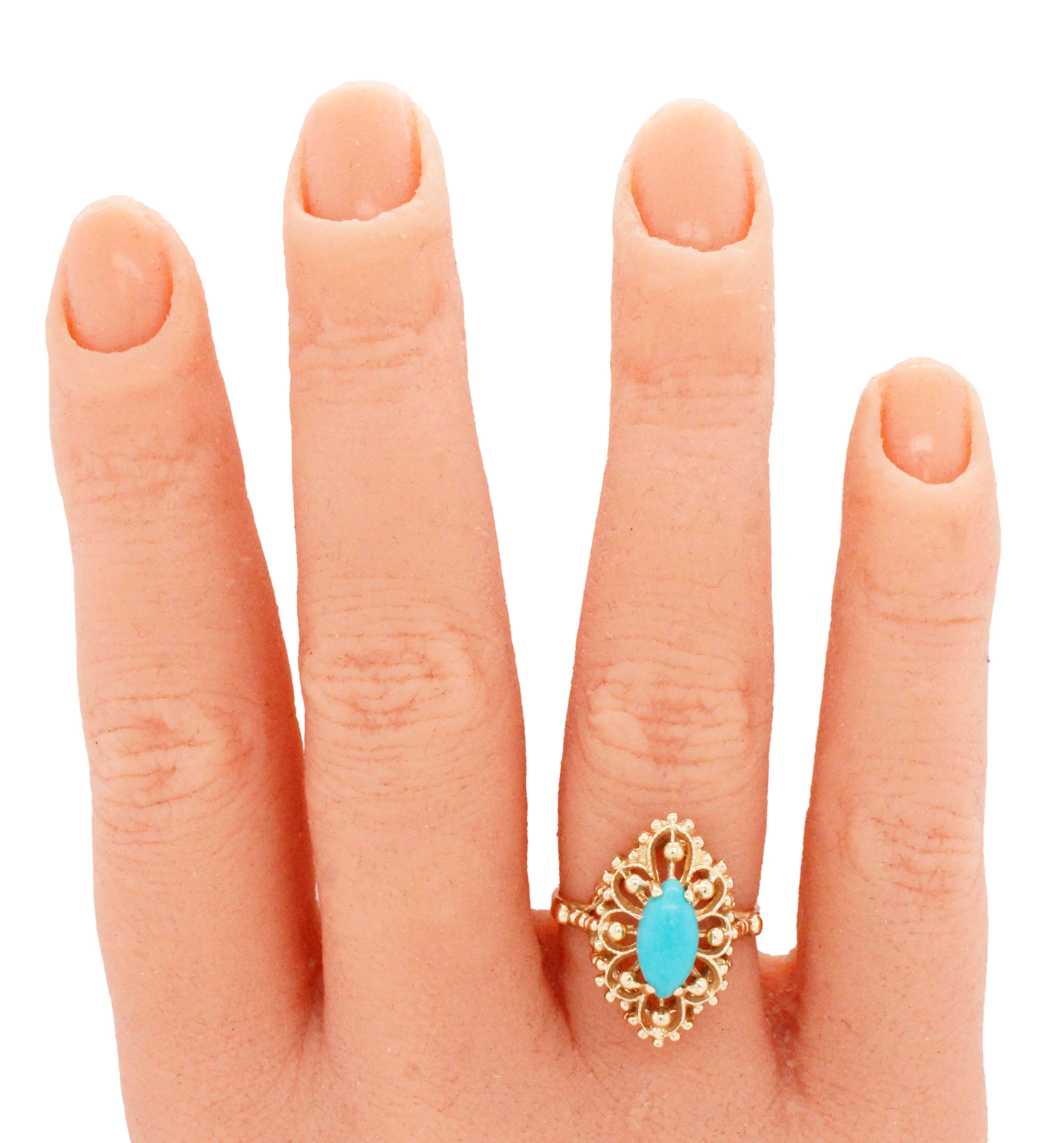 Vintage Marquise Cabochon Turquoise Cocktail Ring - 14k Yellow Gold - Size 5.75 - Image 8