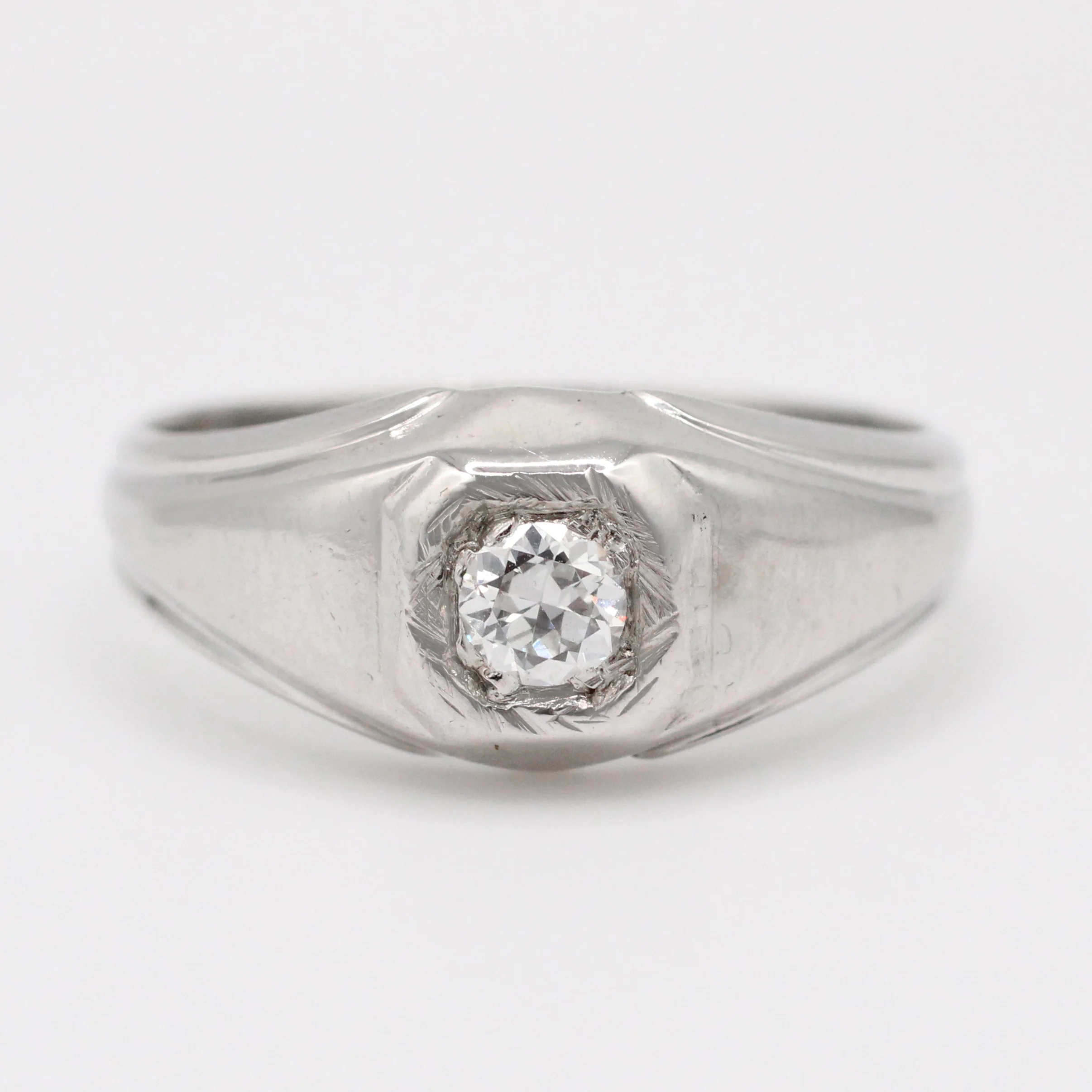 Vintage Men's 0.20ct Solitaire Diamond Band Ring - 14k White Gold Size - 9 3/4