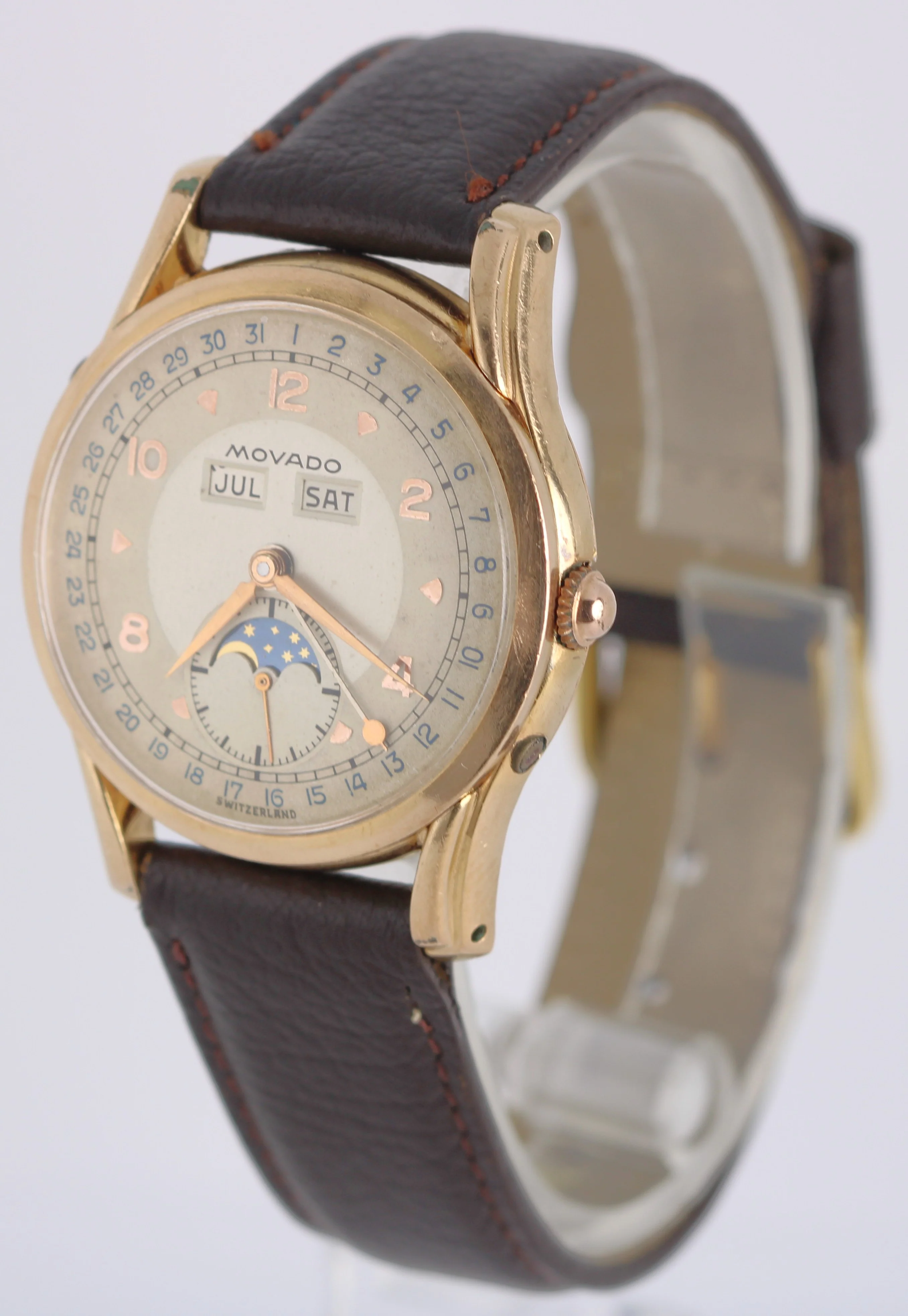 VINTAGE Movado Triple Date Moonphase Rolled Gold Champagne 33.5mm R64928 Watch - Image 3