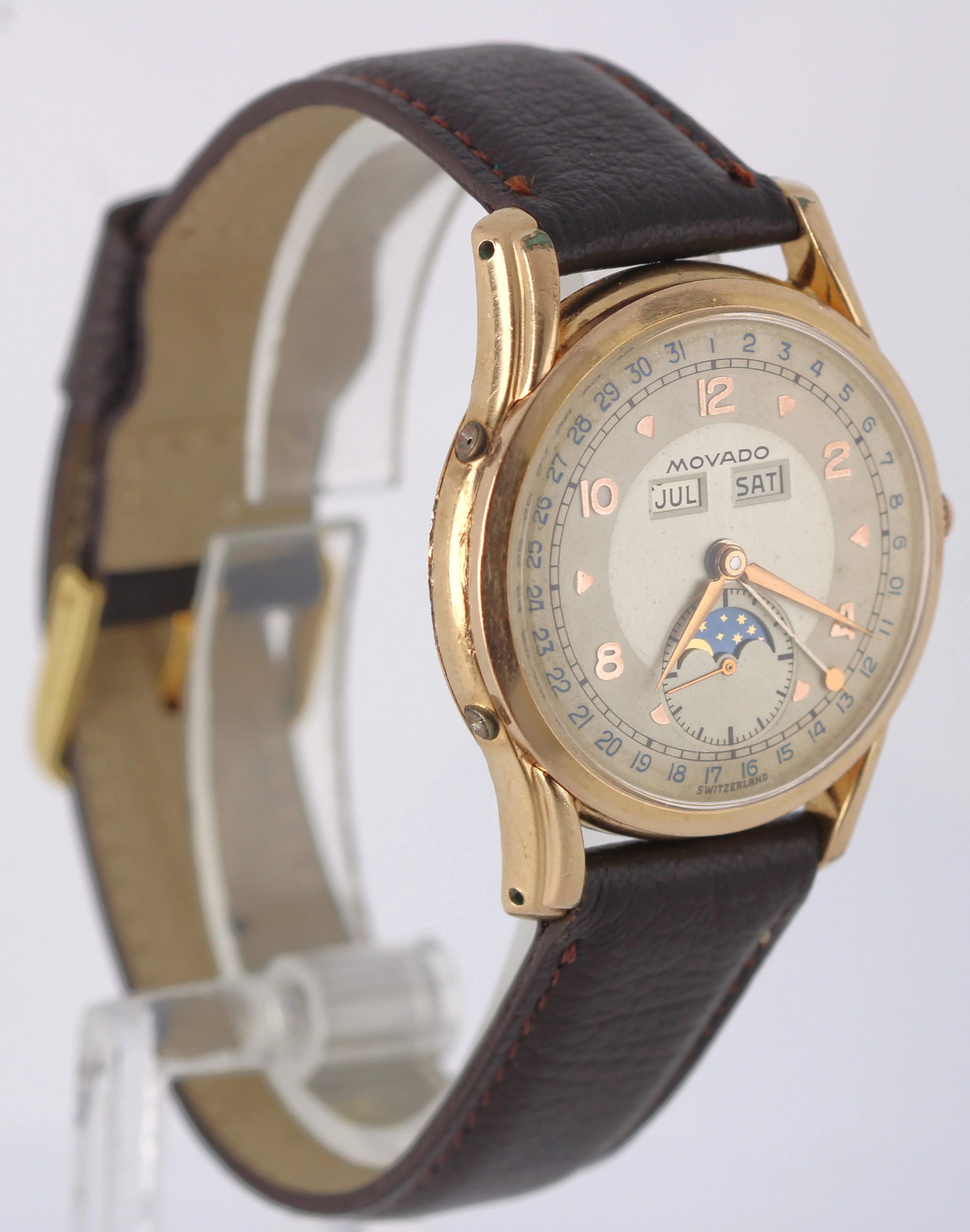 VINTAGE Movado Triple Date Moonphase Rolled Gold Champagne 33.5mm R64928 Watch - Image 4