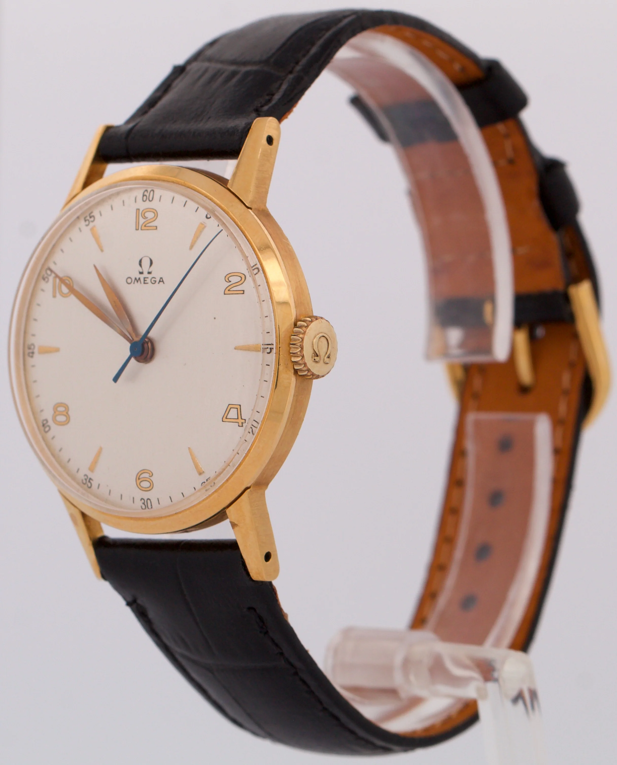 VINTAGE Omega 18K Rose Gold SILVERED IVORY Leather Manual 35mm 2320 Watch - Image 3