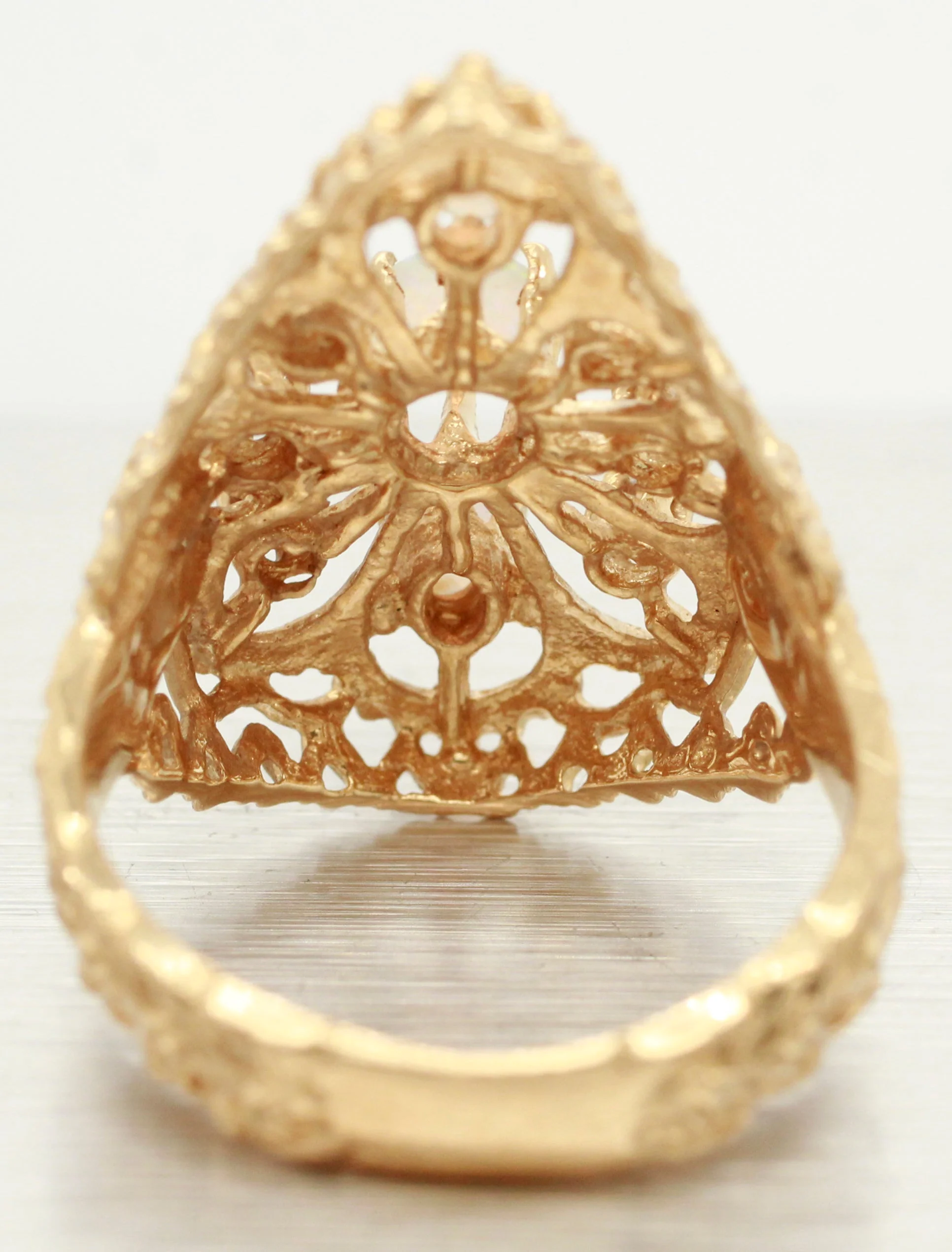 Vintage Opal & Diamond Cocktail Ring - 14k Yellow Gold Teardrop Filigree Setting - Image 5