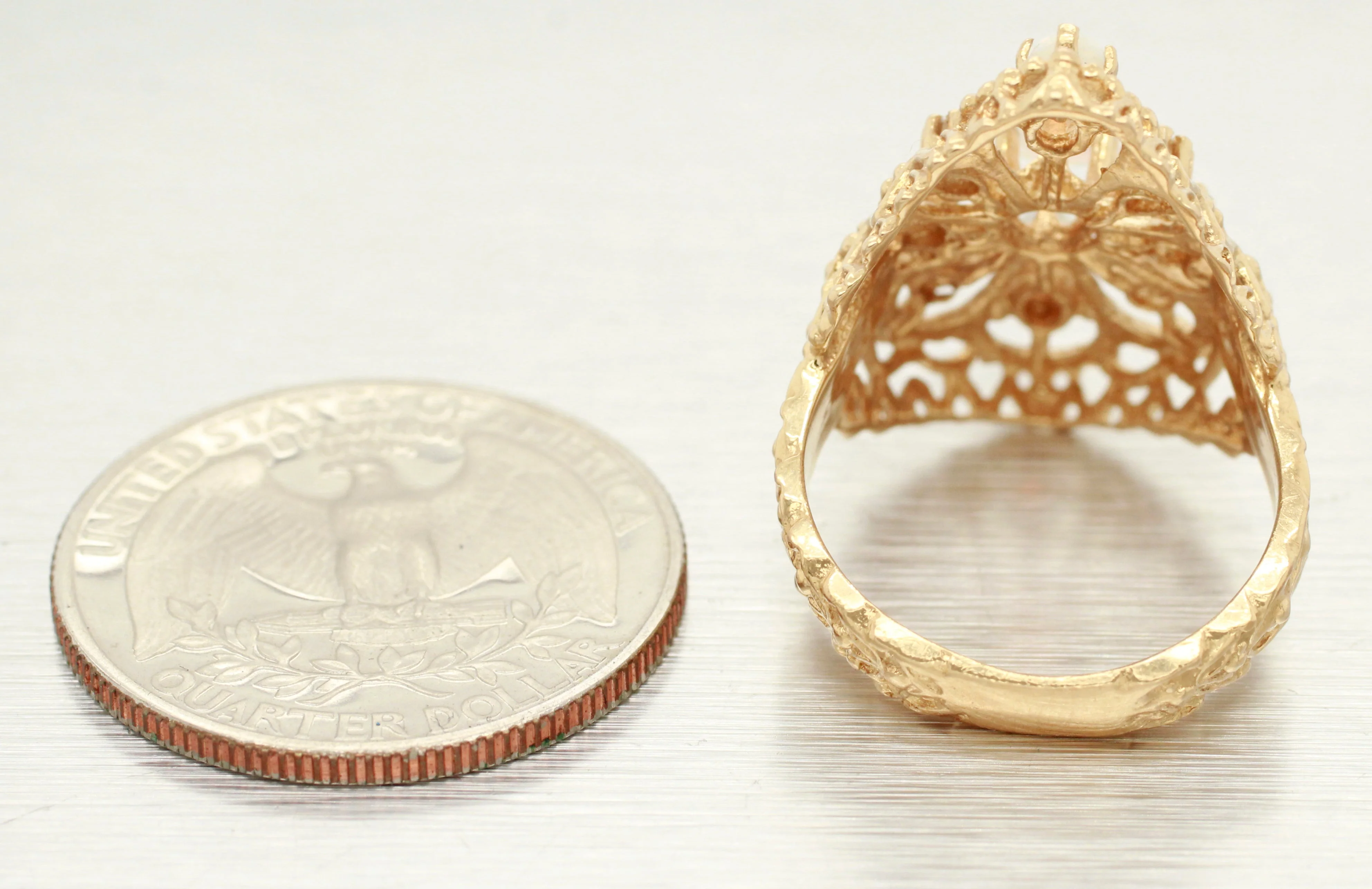 Vintage Opal & Diamond Cocktail Ring - 14k Yellow Gold Teardrop Filigree Setting - Image 6