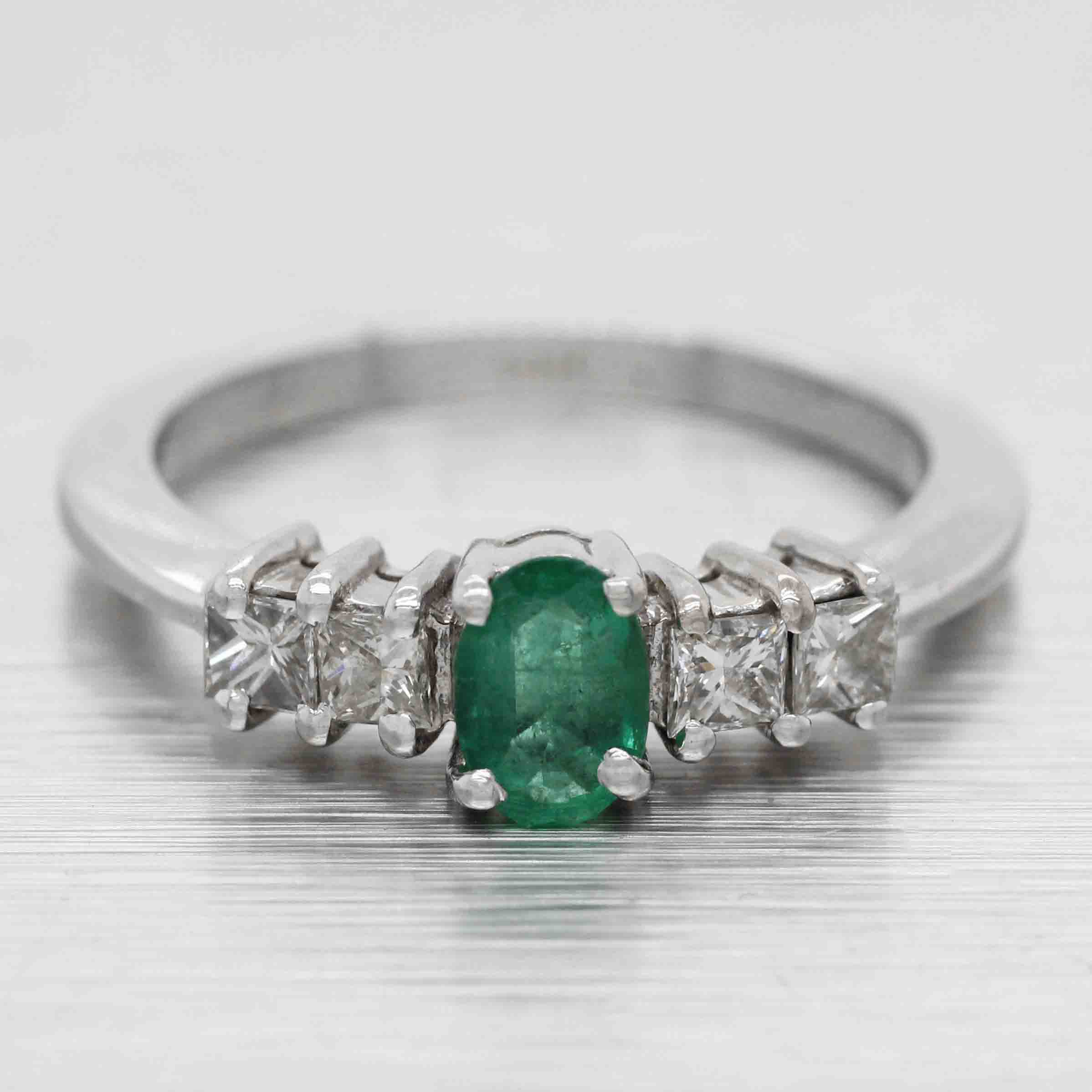Vintage Oval 0.25ct Emerald & Diamond Accent Engagement Ring - 14k White Gold