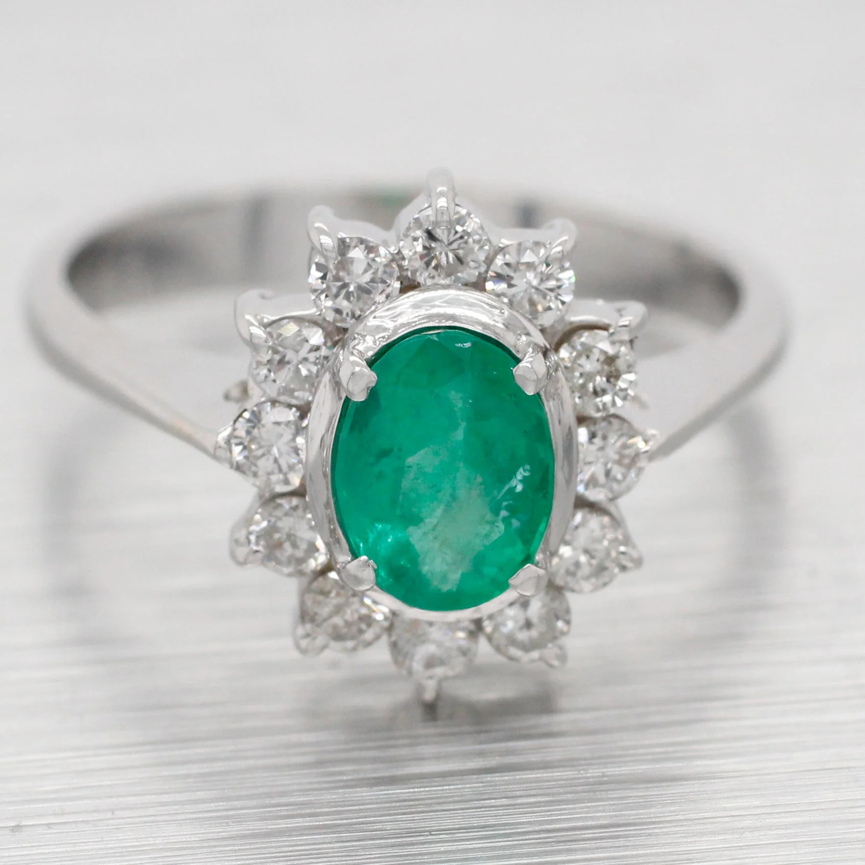 Vintage Oval Emerald & Diamond Halo Cocktail Ring - 18k White Gold Reverse Taper