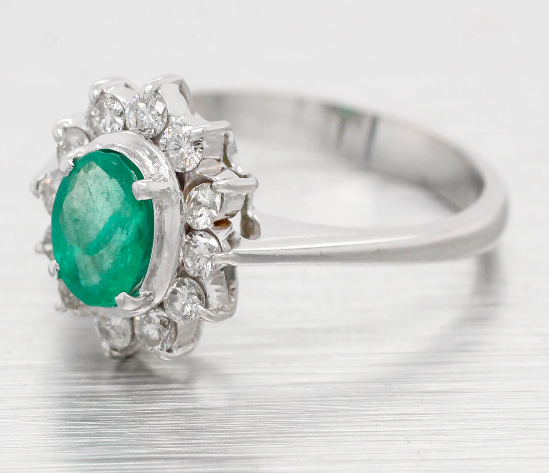 Vintage Oval Emerald & Diamond Halo Cocktail Ring - 18k White Gold Reverse Taper - Image 2