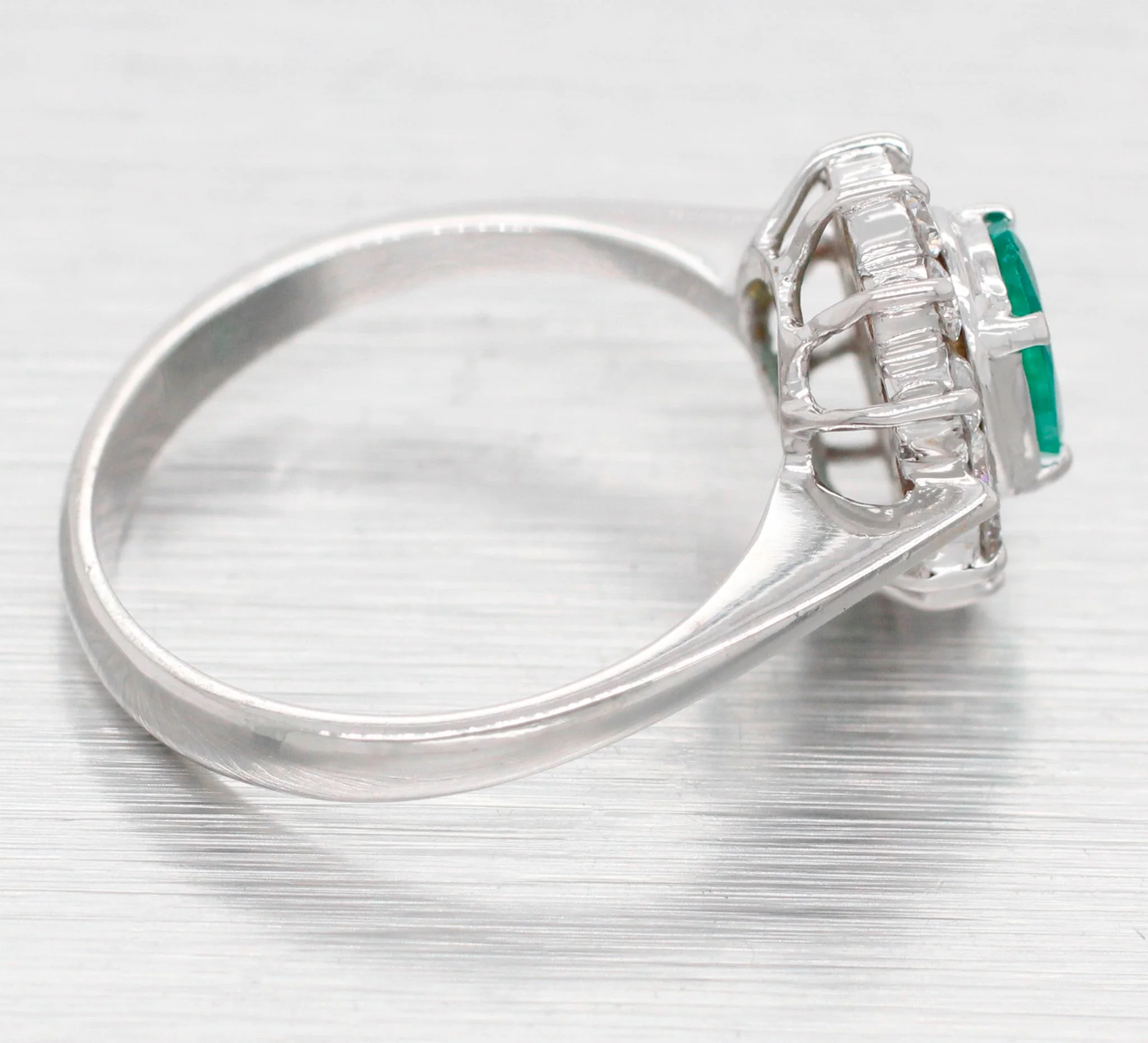 Vintage Oval Emerald & Diamond Halo Cocktail Ring - 18k White Gold Reverse Taper - Image 3