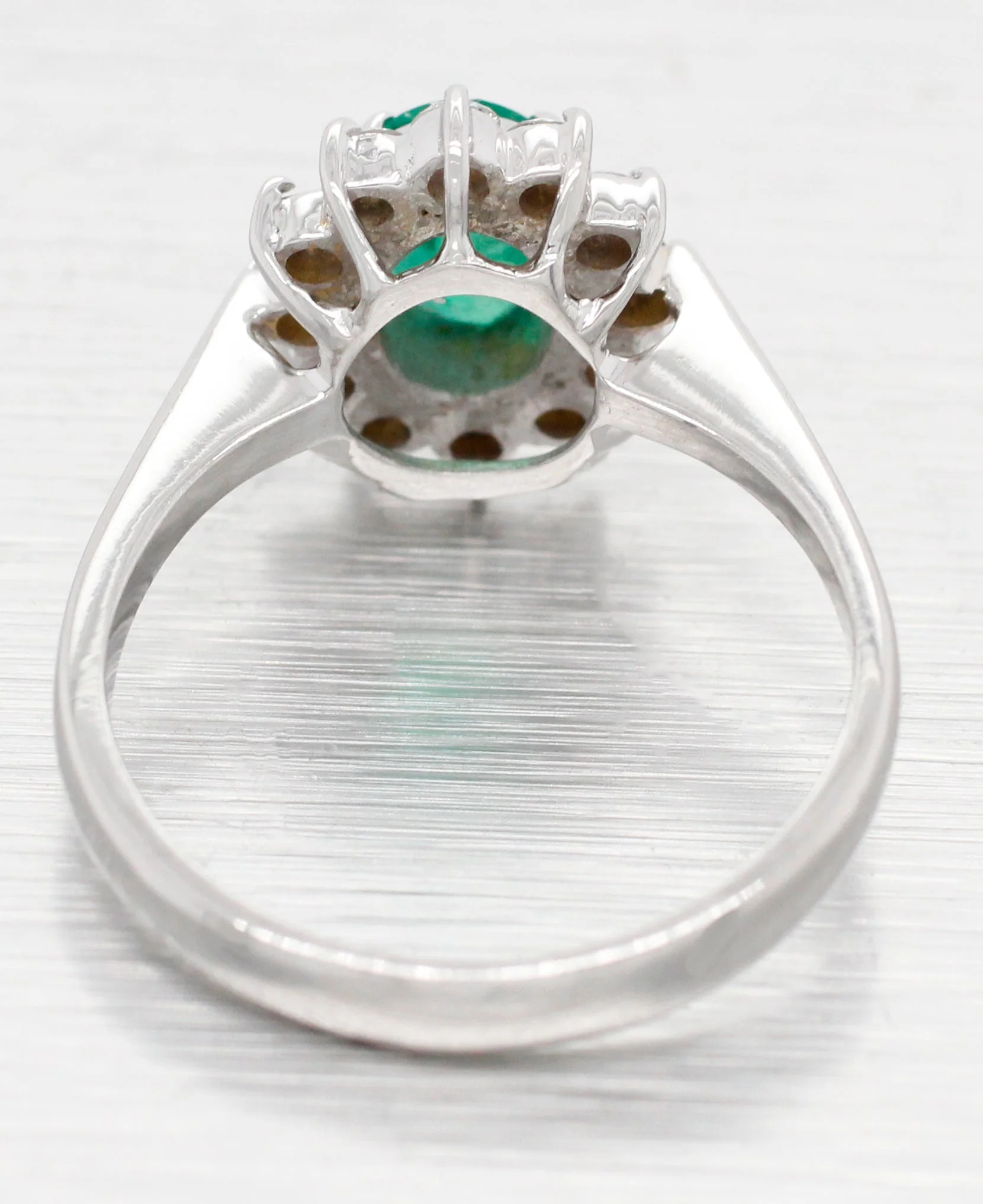 Vintage Oval Emerald & Diamond Halo Cocktail Ring - 18k White Gold Reverse Taper - Image 4