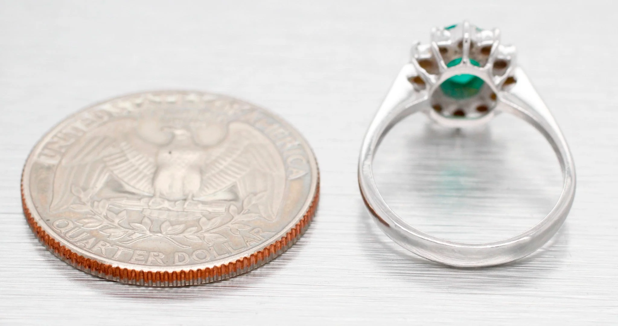 Vintage Oval Emerald & Diamond Halo Cocktail Ring - 18k White Gold Reverse Taper - Image 5