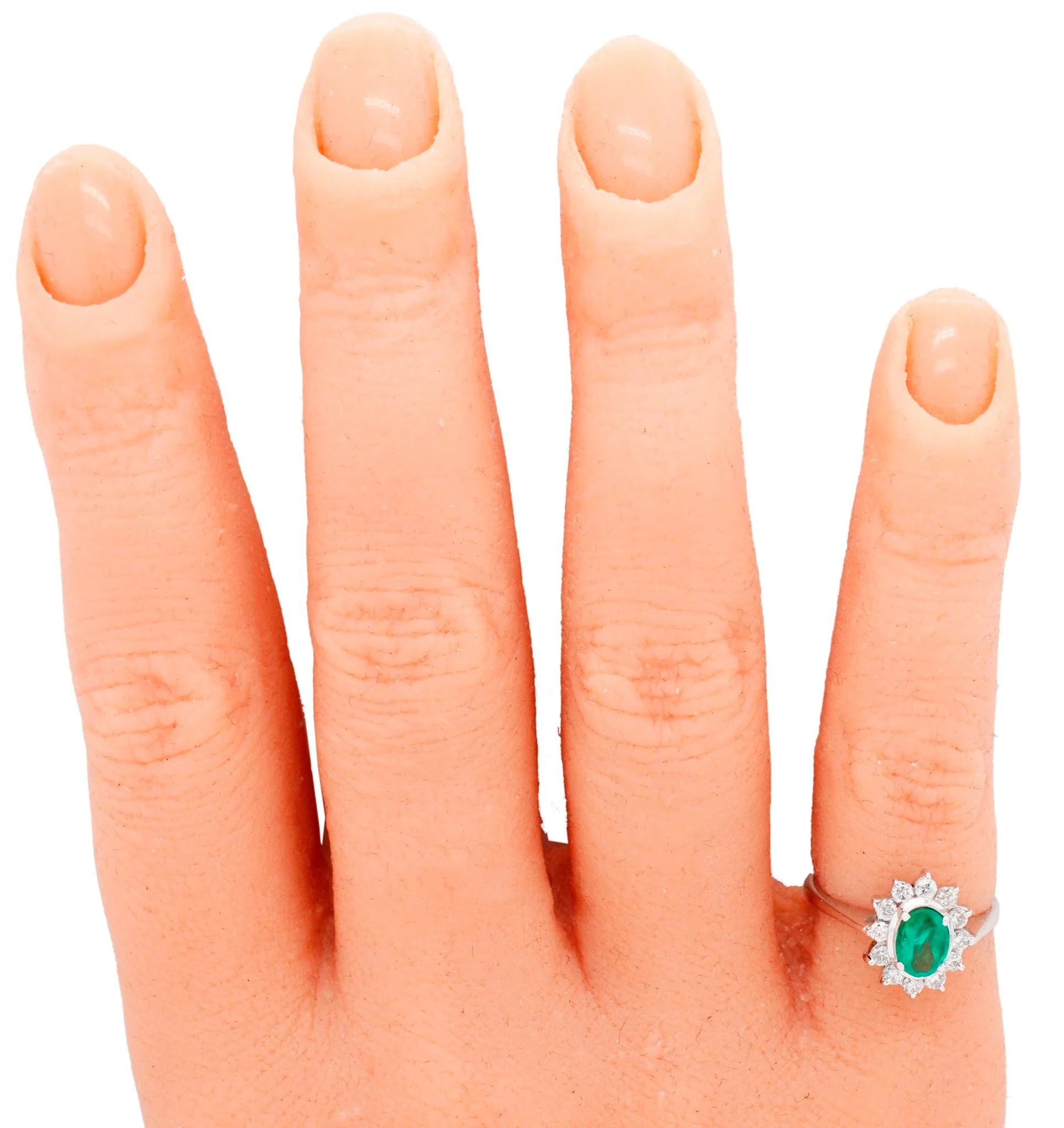 Vintage Oval Emerald & Diamond Halo Cocktail Ring - 18k White Gold Reverse Taper - Image 6