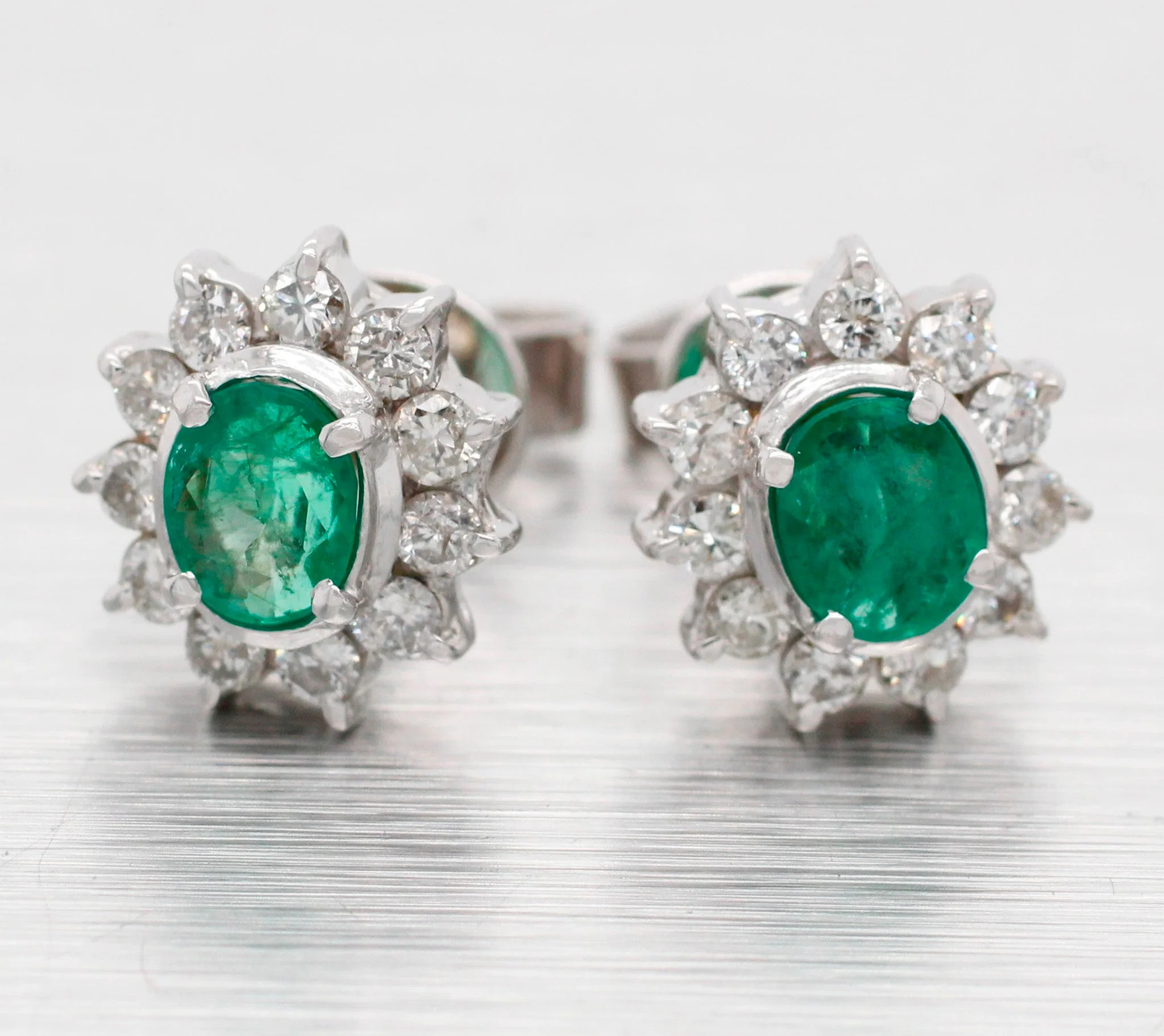 Vintage Oval Emerald & Diamond Halo Stud Earrings - 18k White Gold - Pushbacks - Image 2