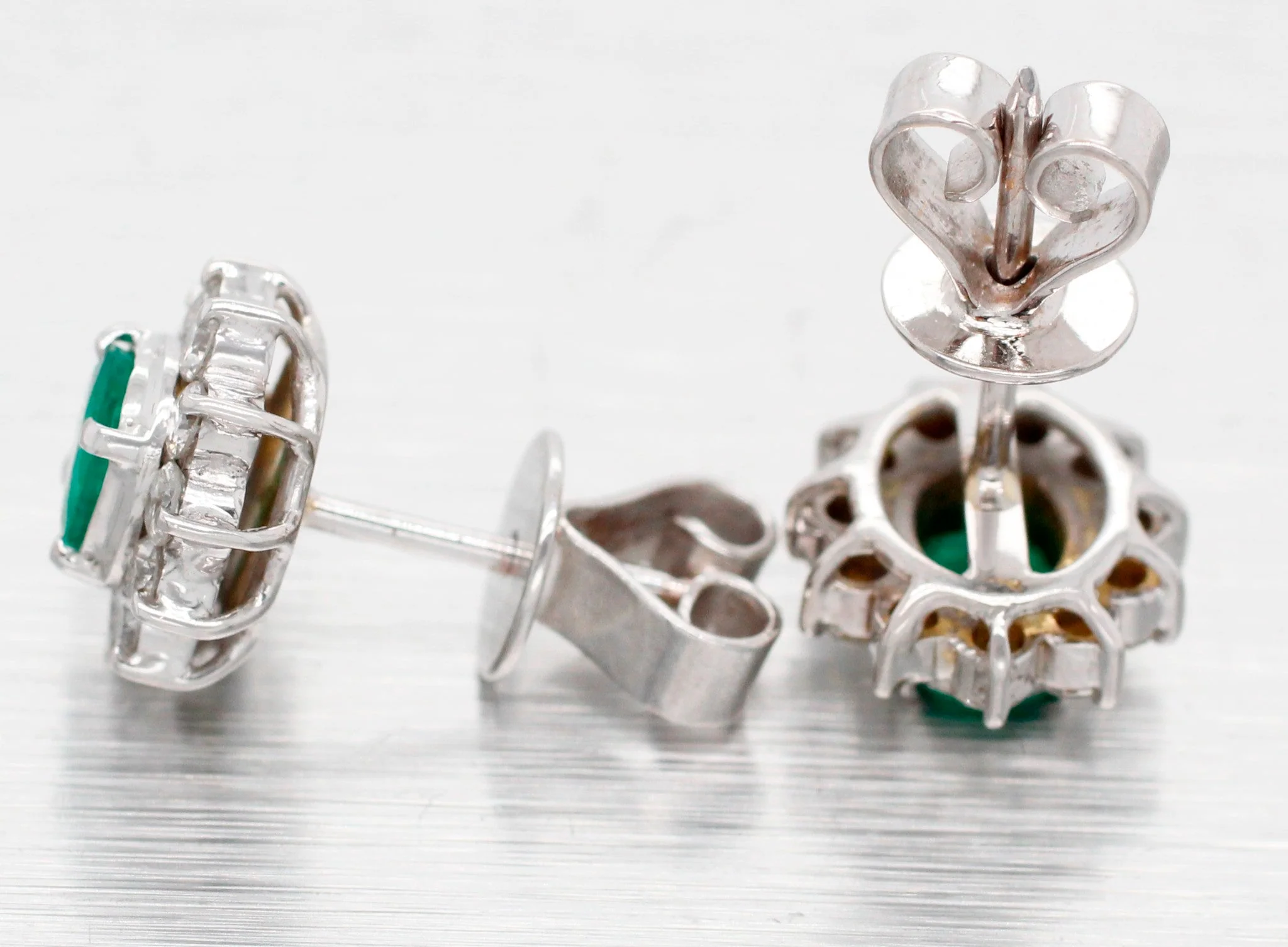 Vintage Oval Emerald & Diamond Halo Stud Earrings - 18k White Gold - Pushbacks - Image 3