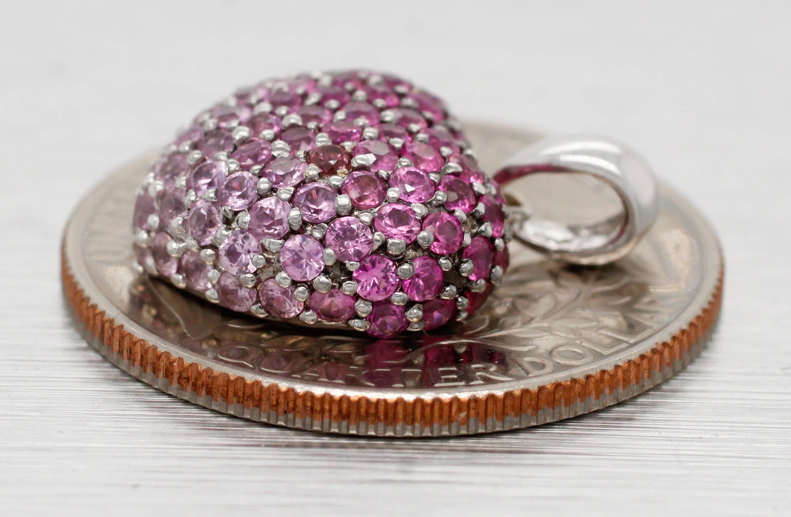 Vintage Pink Ruby Heart Charm Cluster Pendant - 14k White Gold - Image 6