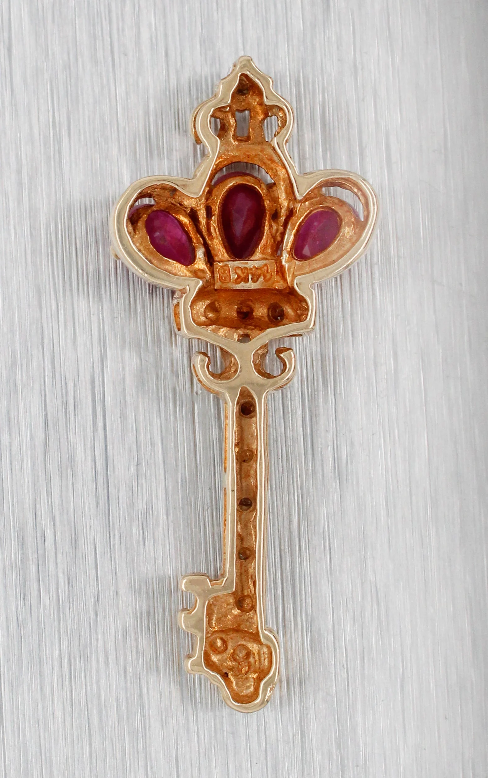 Vintage Red Ruby Crown & Diamond Key Pendant Charm - 14k Yellow Gold - Image 2