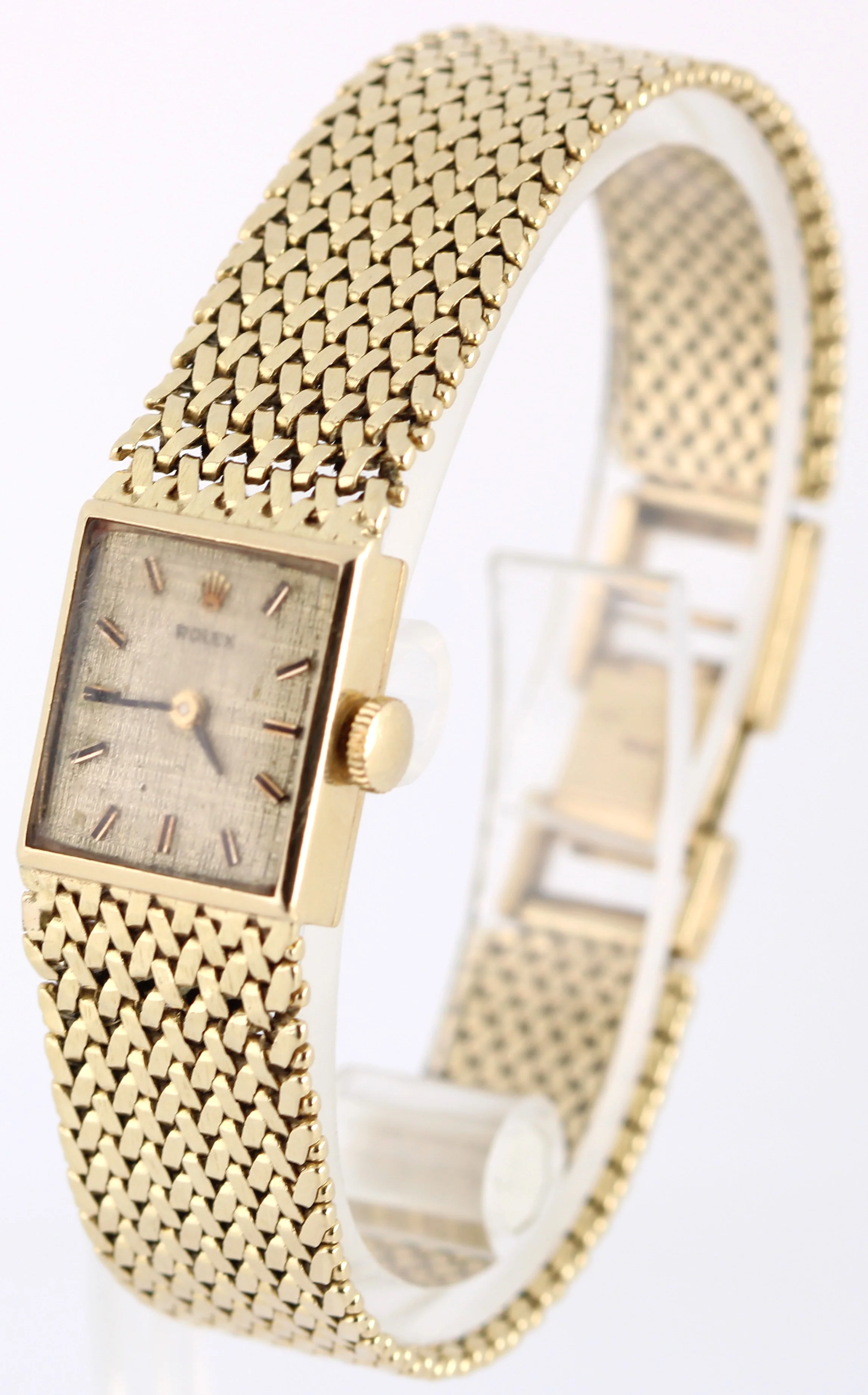 VINTAGE Rolex Cocktail Dress 14k Yellow Gold 30gr Textured Linen 15mmx17mm Watch - Image 3