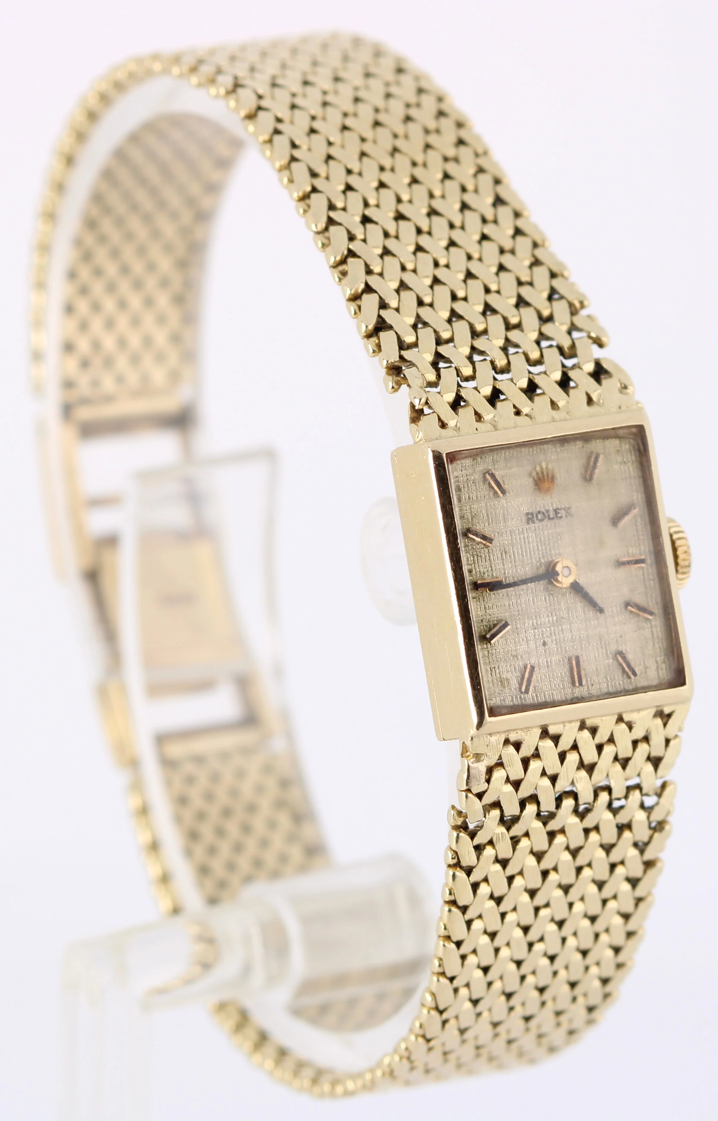 VINTAGE Rolex Cocktail Dress 14k Yellow Gold 30gr Textured Linen 15mmx17mm Watch - Image 4