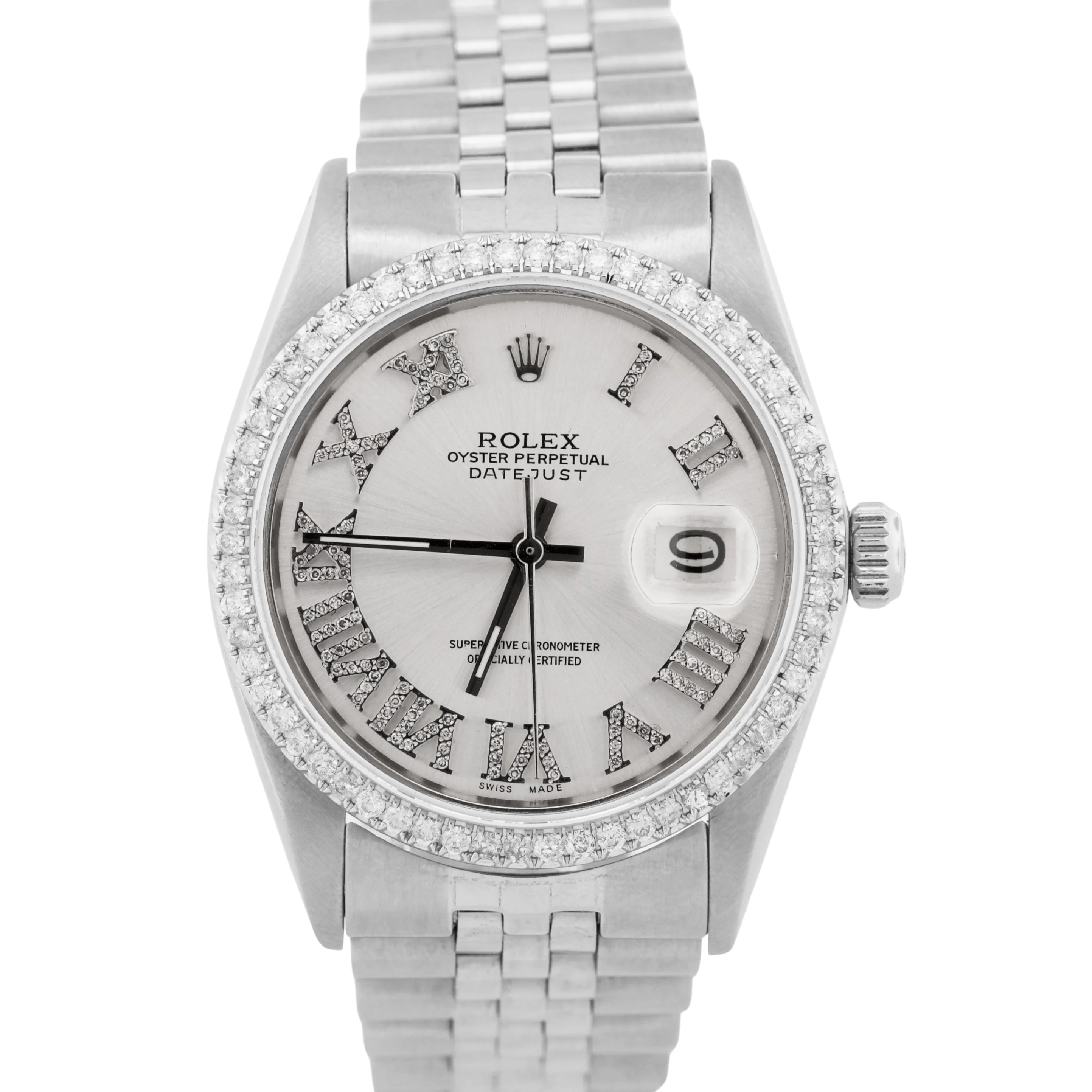 VINTAGE Rolex DateJust 36mm SILVER DIAMOND ROMAN Stainless Steel JUBILEE 16013