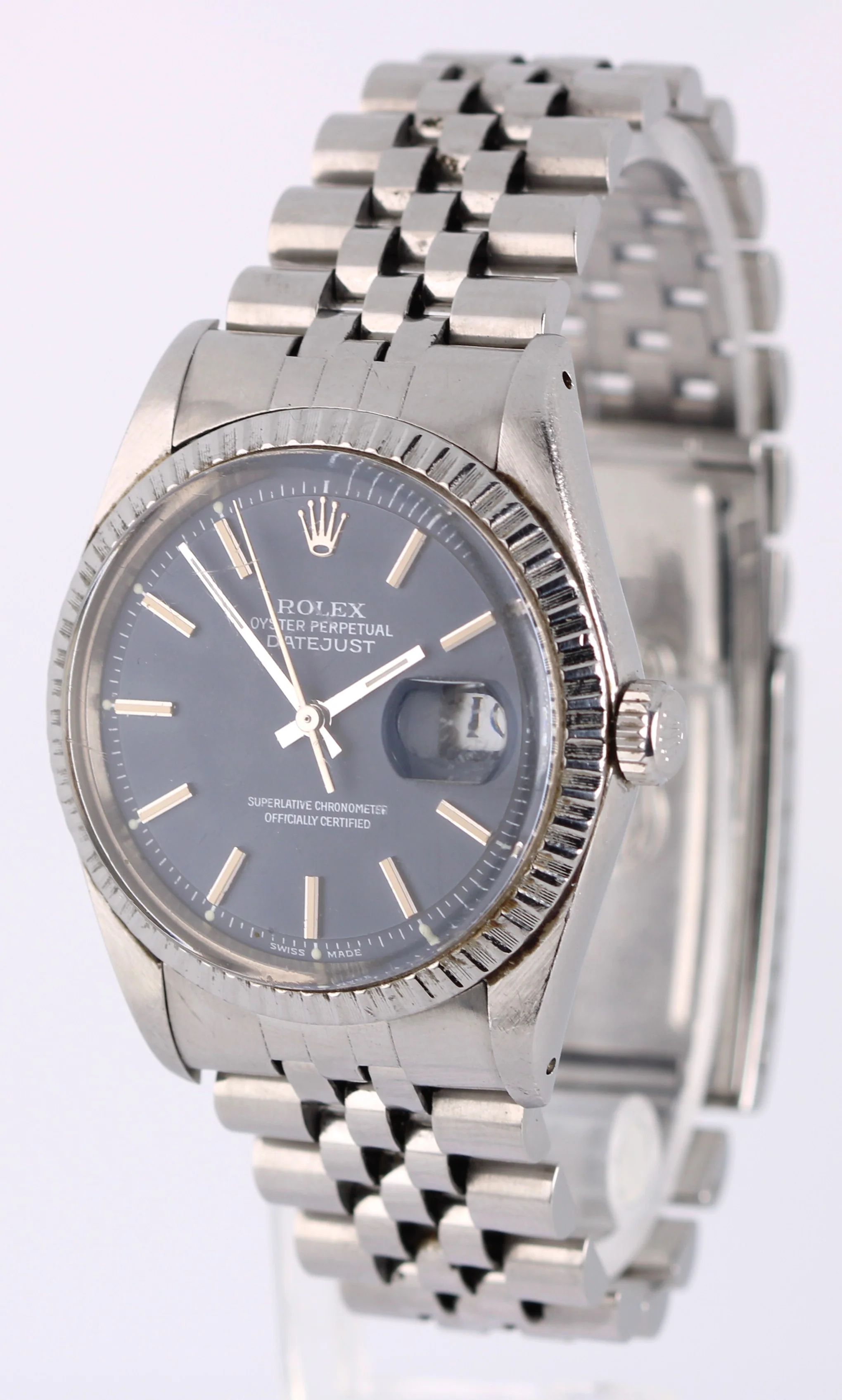 VINTAGE Rolex Datejust Stainless Steel Blue Pie Pan 36mm 1600 Jubilee Watch - Image 3