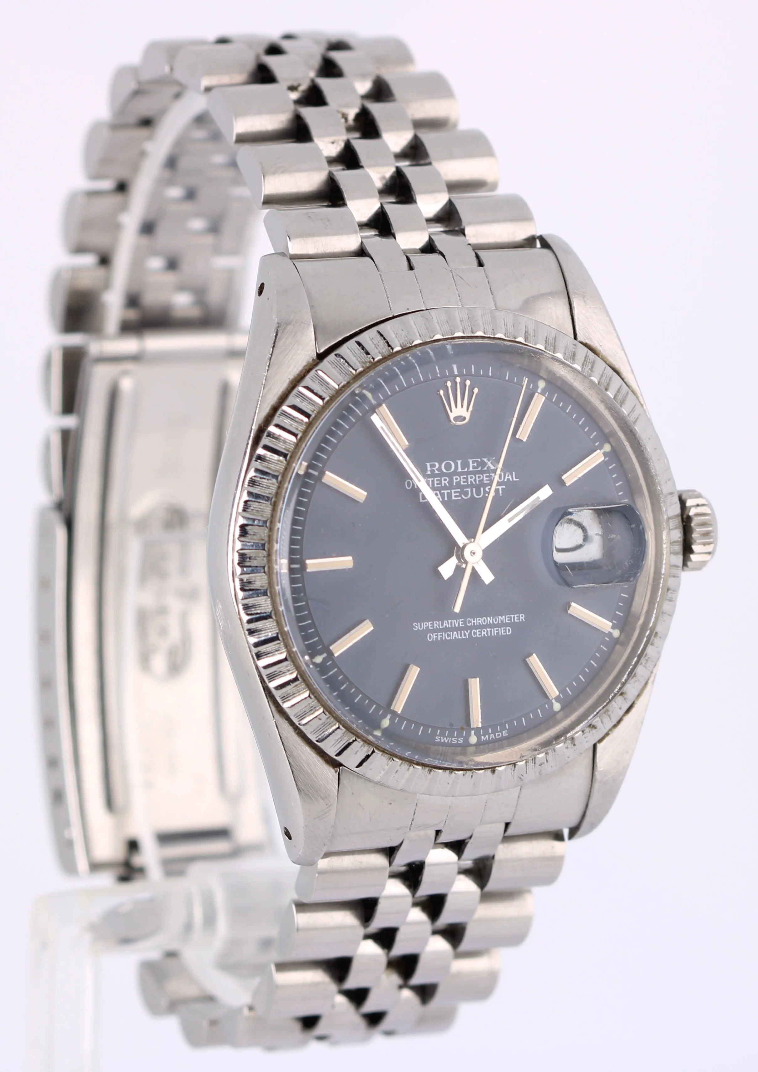VINTAGE Rolex Datejust Stainless Steel Blue Pie Pan 36mm 1600 Jubilee Watch - Image 4