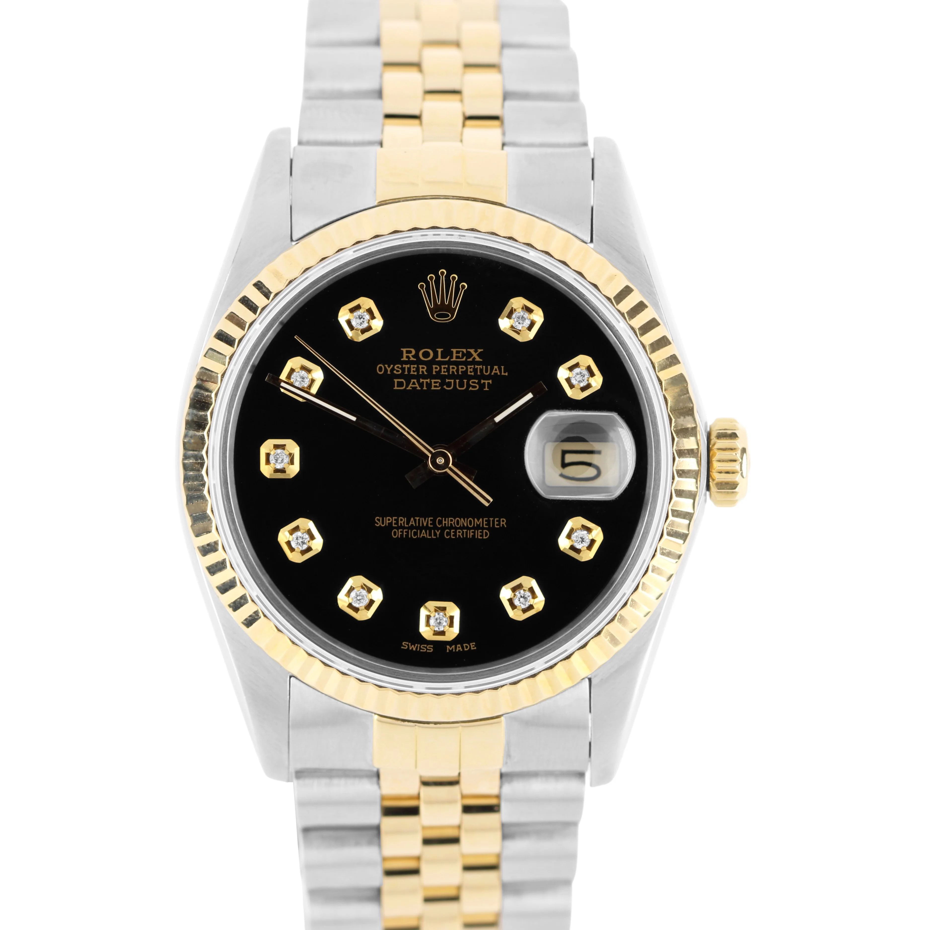 VINTAGE Rolex DateJust Two-Tone 18k Gold Steel Black DIAMOND 36mm 16013 BOX
