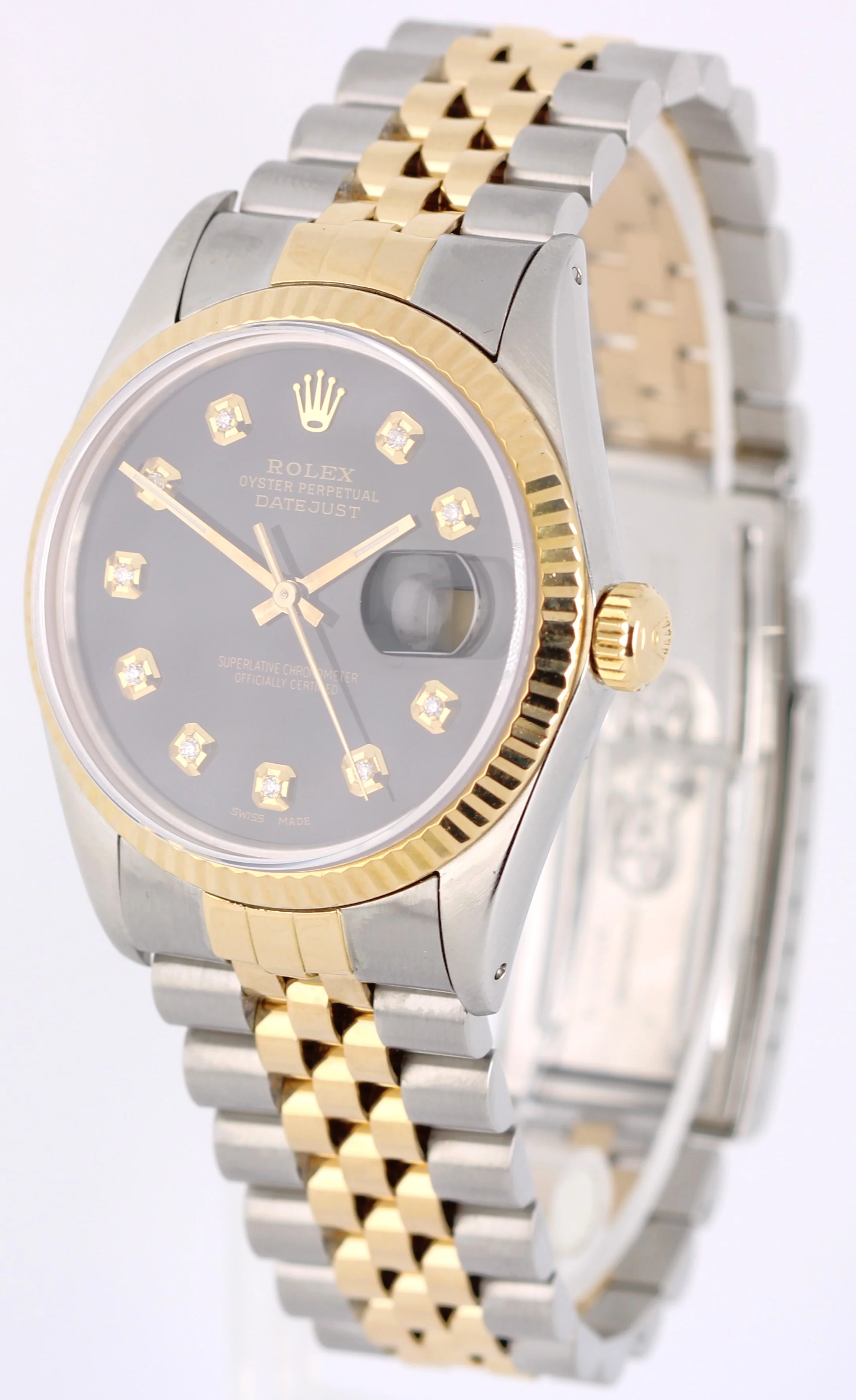 VINTAGE Rolex DateJust Two-Tone 18k Gold Steel Black DIAMOND 36mm 16013 BOX - Image 3
